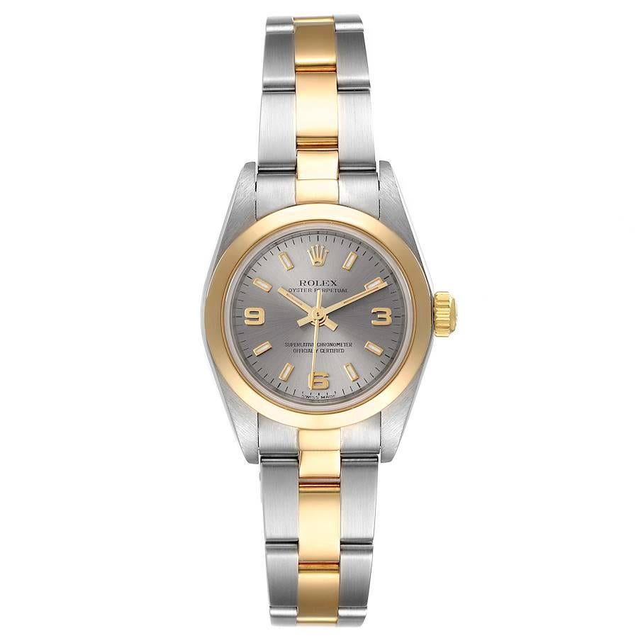 Rolex Oyster Perpetual Nondate Stahl Gelbgold Damenuhr 76183. Offiziell zertifiziertes Chronometerwerk mit automatischem Aufzug. Austerngehäuse aus Edelstahl mit einem Durchmesser von 24,0 mm. Rolex-Logo auf einer Krone aus 18 Karat Gelbgold. 18k