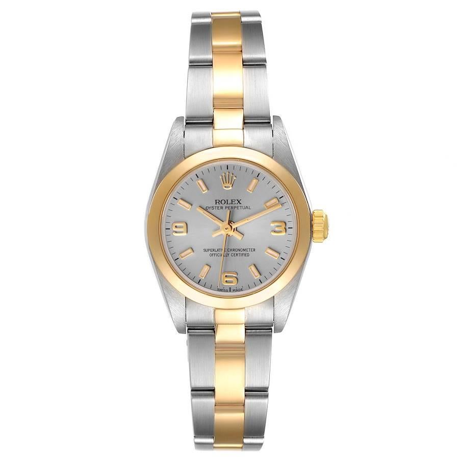 Rolex Oyster Perpetual Nondate Stahl Gelbgold Damenuhr 76183. Offiziell zertifiziertes Chronometerwerk mit automatischem Aufzug. Austerngehäuse aus Edelstahl mit einem Durchmesser von 24,0 mm. Rolex Logo auf einer Krone aus 18k Gelbgold. 18k