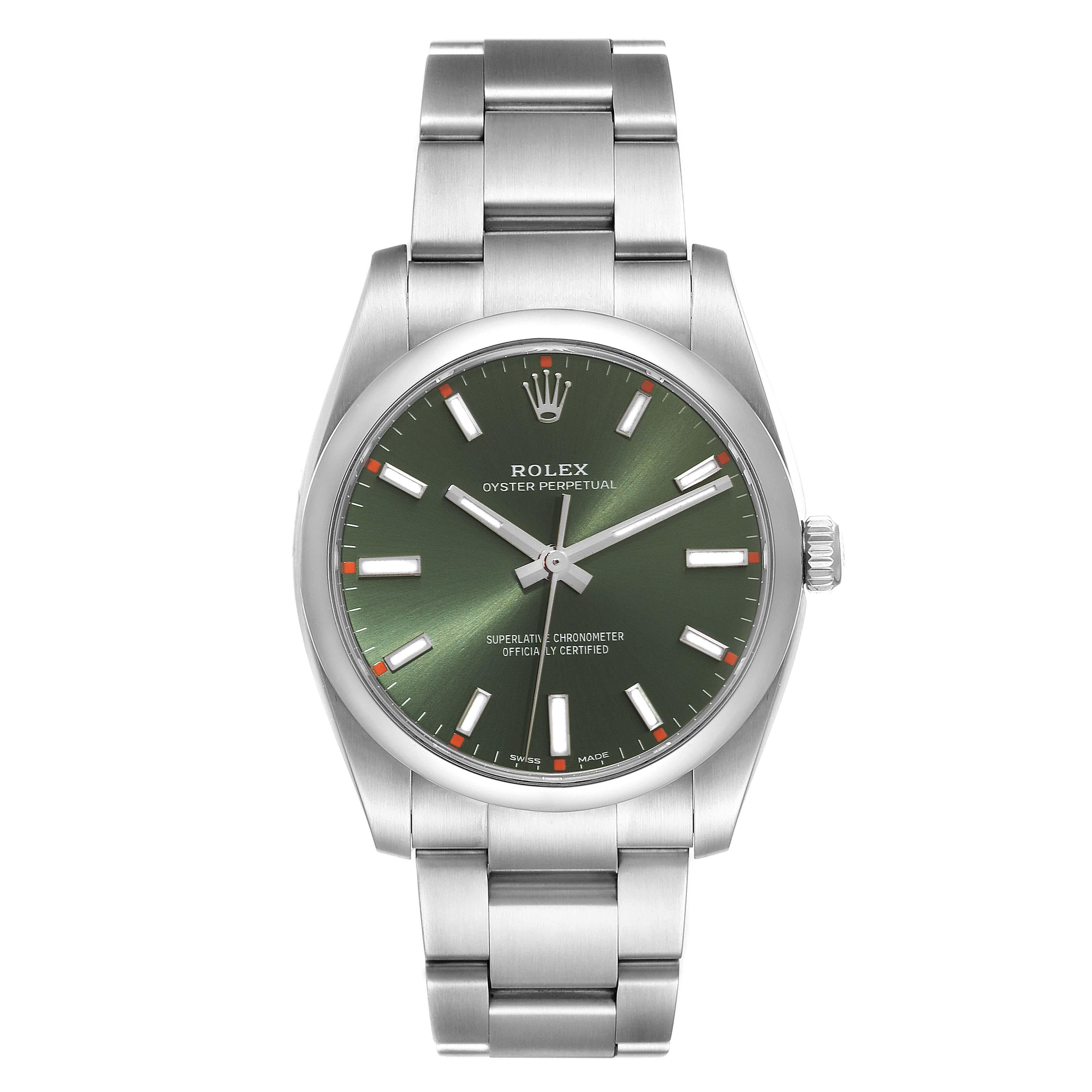 Rolex Oyster Perpetual Olive Green Dial Steel Mens Watch 114200 Box Card. Officially certified chronometer automatic self-winding movement. Stainless steel case 34.0 mm in diameter.  Rolex logo on the crown. Stainless steel smooth domed bezel.