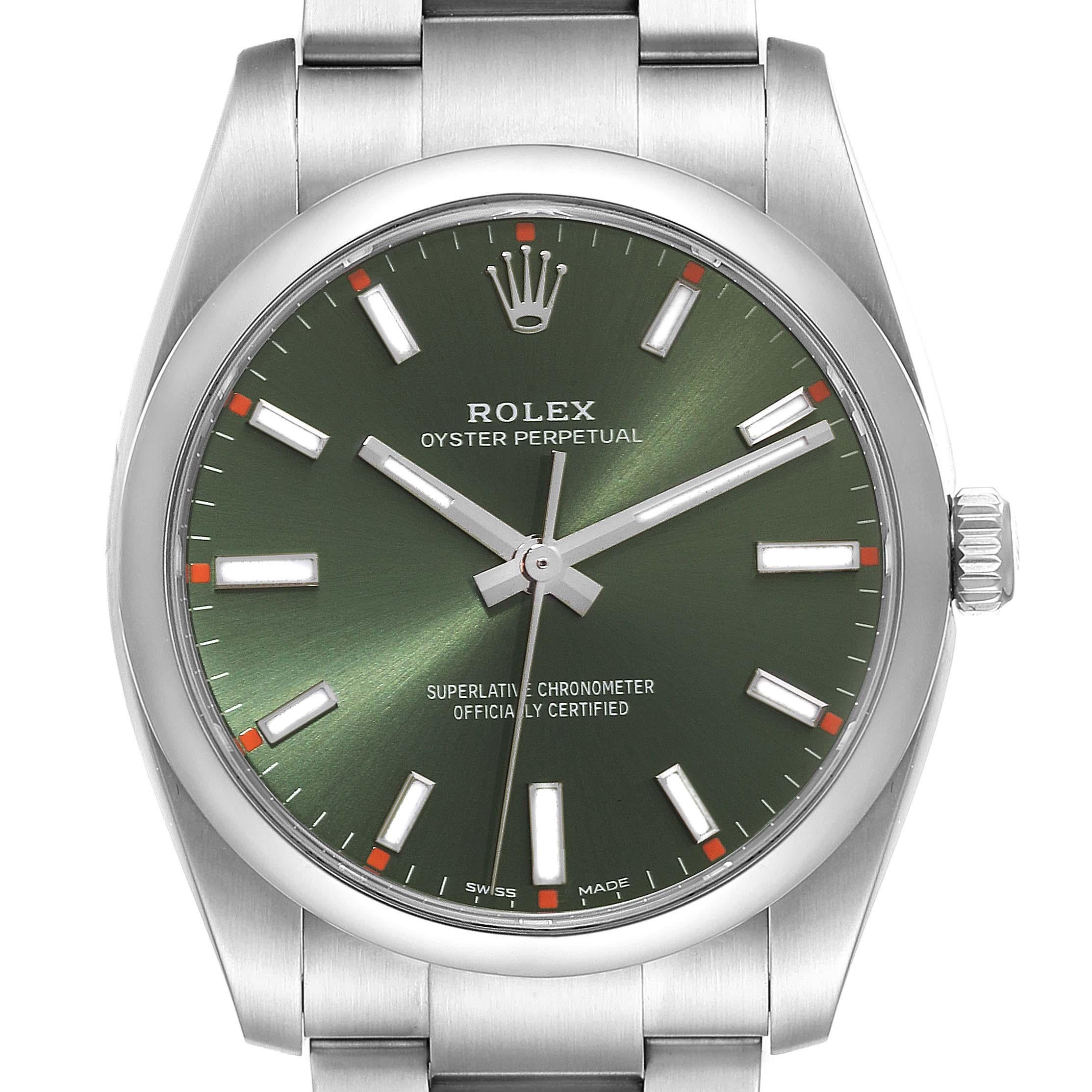 Rolex Oyster Perpetual Olive Green Dial Steel Mens Watch 114200 Box Card