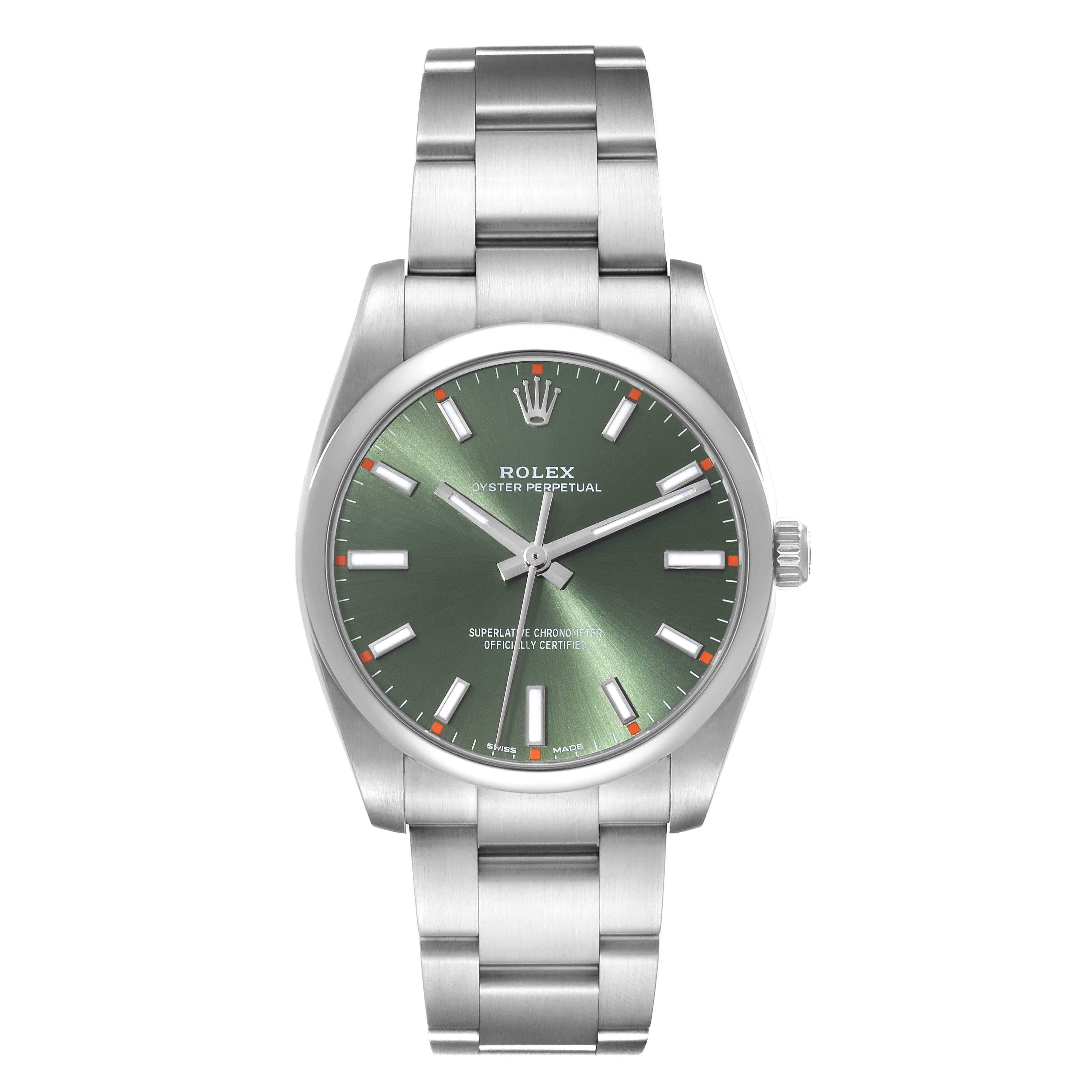 Rolex Oyster Perpetual Olive Green Dial Steel Mens Watch 114200. Officially certified chronometer automatic self-winding movement. Stainless steel case 34.0 mm in diameter.  Rolex logo on the crown. Stainless steel smooth domed bezel. Scratch