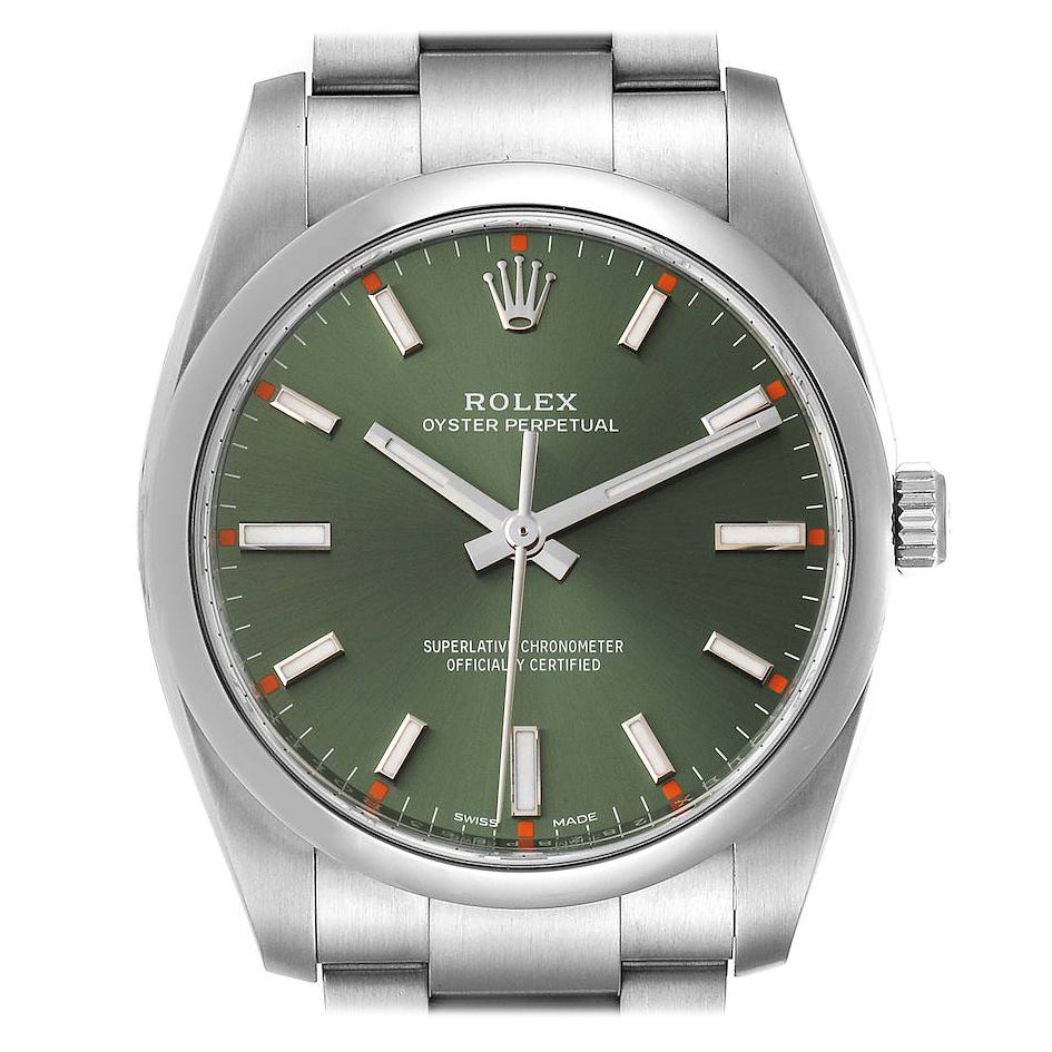Rolex Oyster Perpetual Olive Green Dial Steel Watch 114200 Box Card For Sale