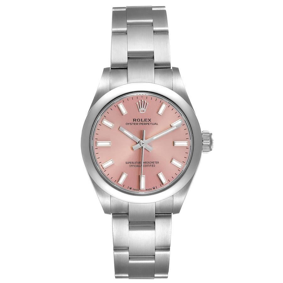 Rolex Oyster Perpetual Rosa Zifferblatt Stahl Damenuhr 276200 Box-Karte. Offiziell zertifiziertes Chronometerwerk mit automatischem Aufzug. Oyster-Gehäuse aus Edelstahl mit einem Durchmesser von 28 mm. Rolex-Logo auf einer Krone. Glatte, gewölbte