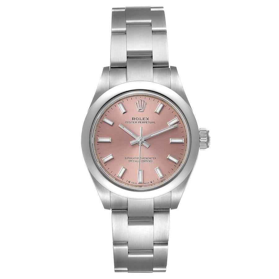 Rolex Oyster Perpetual Pink Dial Steel Ladies Watch 276200 Unworn. Officially certified chronometer self-winding movement. Stainless steel oyster case 28 mm in diameter. Rolex logo on a crown. Stainless steel smooth domed bezel. Scratch resistant