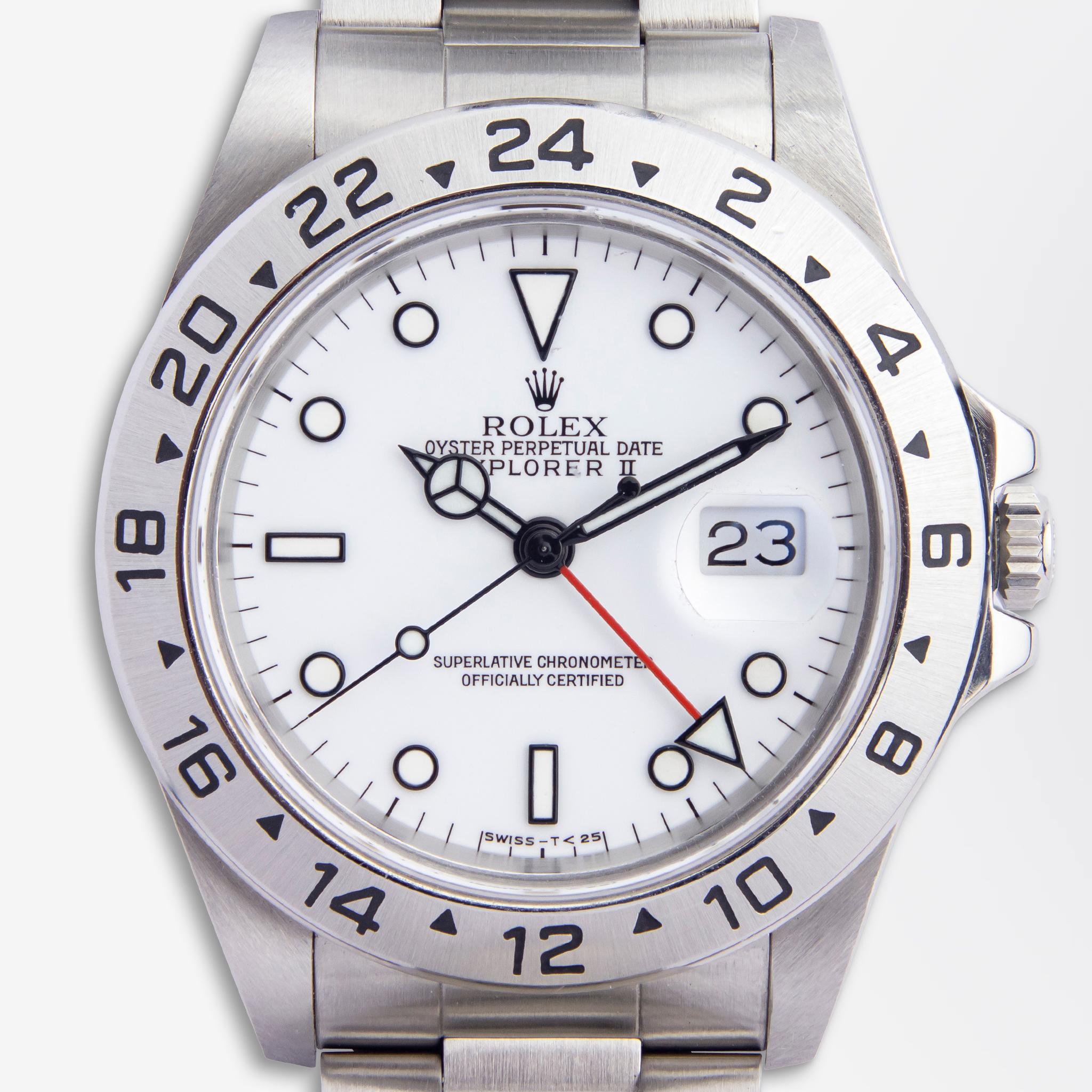 This 1990s Rolex is known as an Oyster Perpetual Polar Explorer II GMT. The timepiece is crafted from stainless steel and retains its original stainless steel bracelet. Manufactured by Rolex in 1991 the watch has a calibre 3185 31 jewel automatic