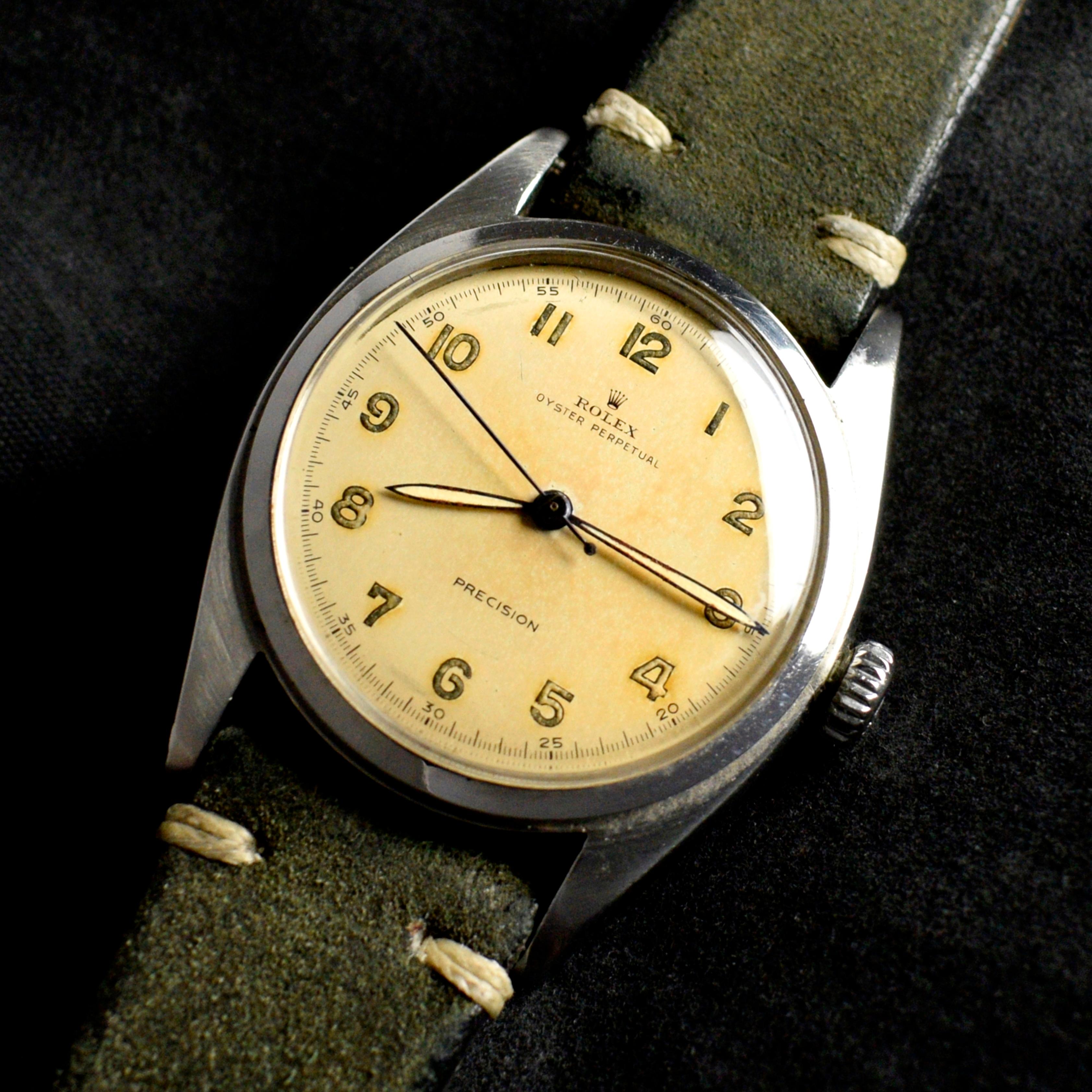 Brand: Vintage Rolex
Model: 6028
Year: 1952
Serial number: 84xxxx
Reference: OT1575

Case: 36mm diameter without crown; show sign of wear with slight polish from previous; inner case back stamped 6028 IV.52

Dial: Aged Condition Creamy Dial with