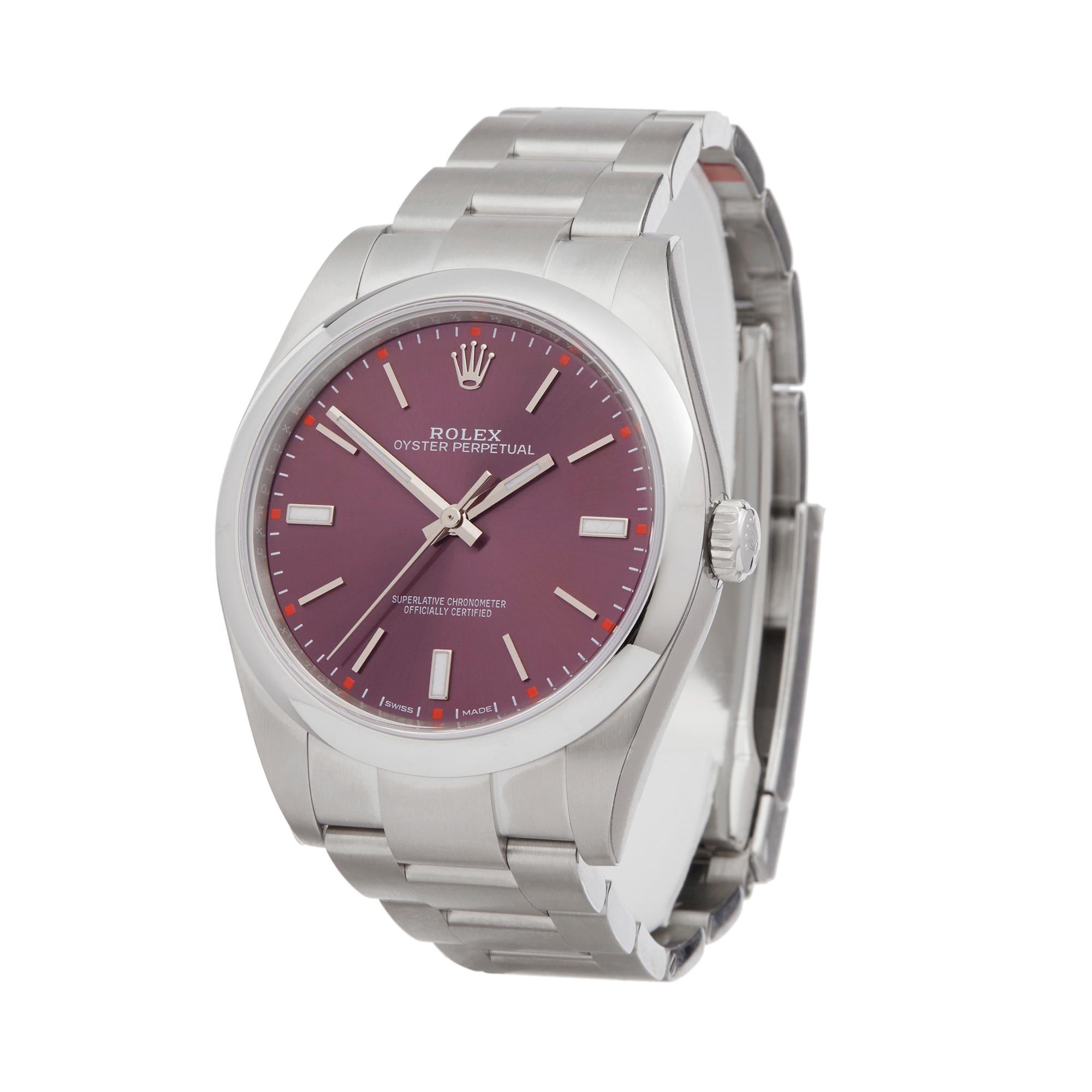 Ref: W6218
Manufacturer: Rolex
Model: Oyster Perpetual
Model Ref: 114300
Age: 29th October 2018
Gender: Mens
Complete With: Box & Guarantee
Dial: Red Grape Baton
Glass: Sapphire Crystal
Movement: Automatic
Water Resistance: To Manufacturers