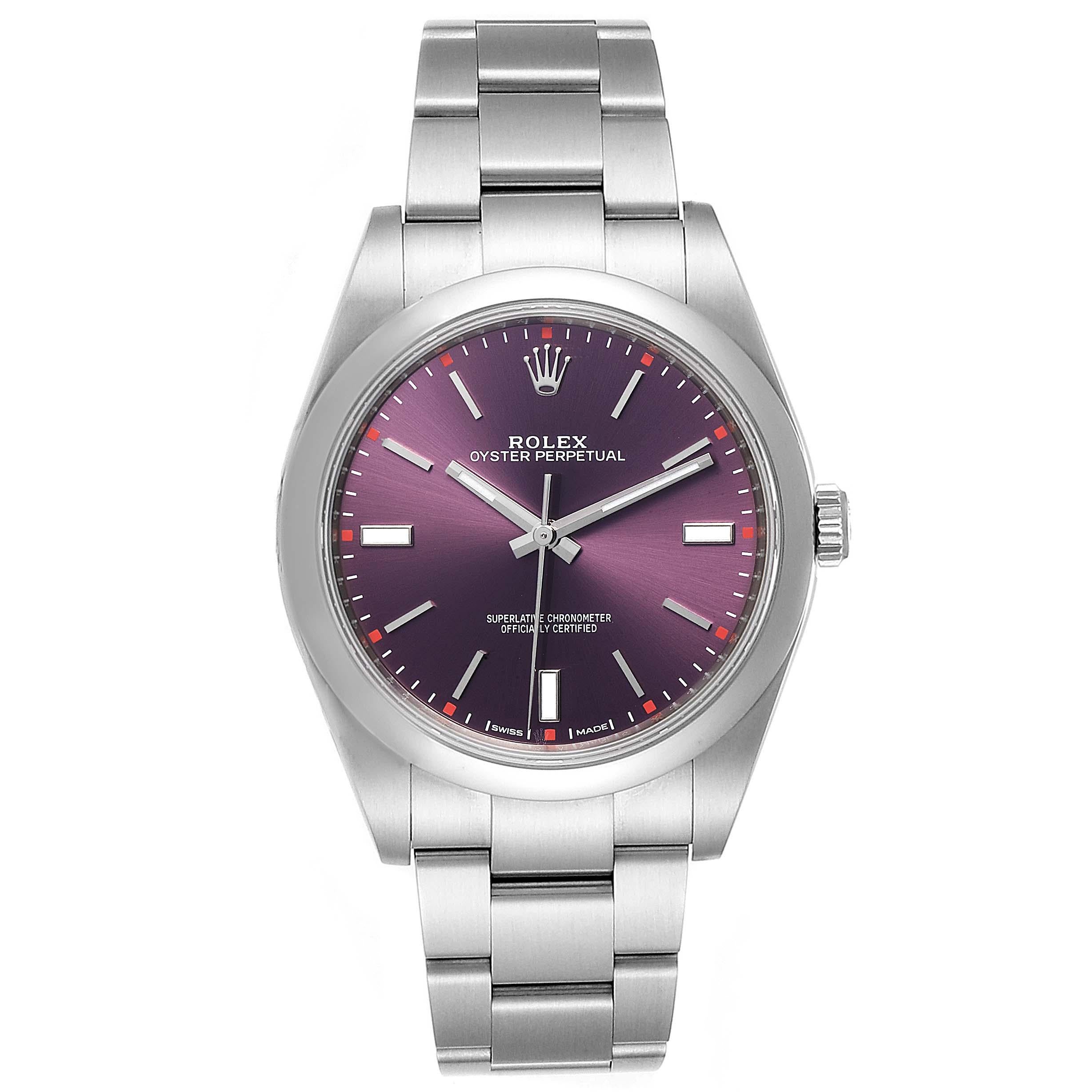 Rolex Oyster Perpetual Red Grape Dial Steel Mens Watch 114300 Box Card. Officially certified chronometer self-winding movement. Stainless steel case 36.0 mm in diameter. Rolex logo on a crown. Stainless steel smooth domed bezel. Scratch resistant