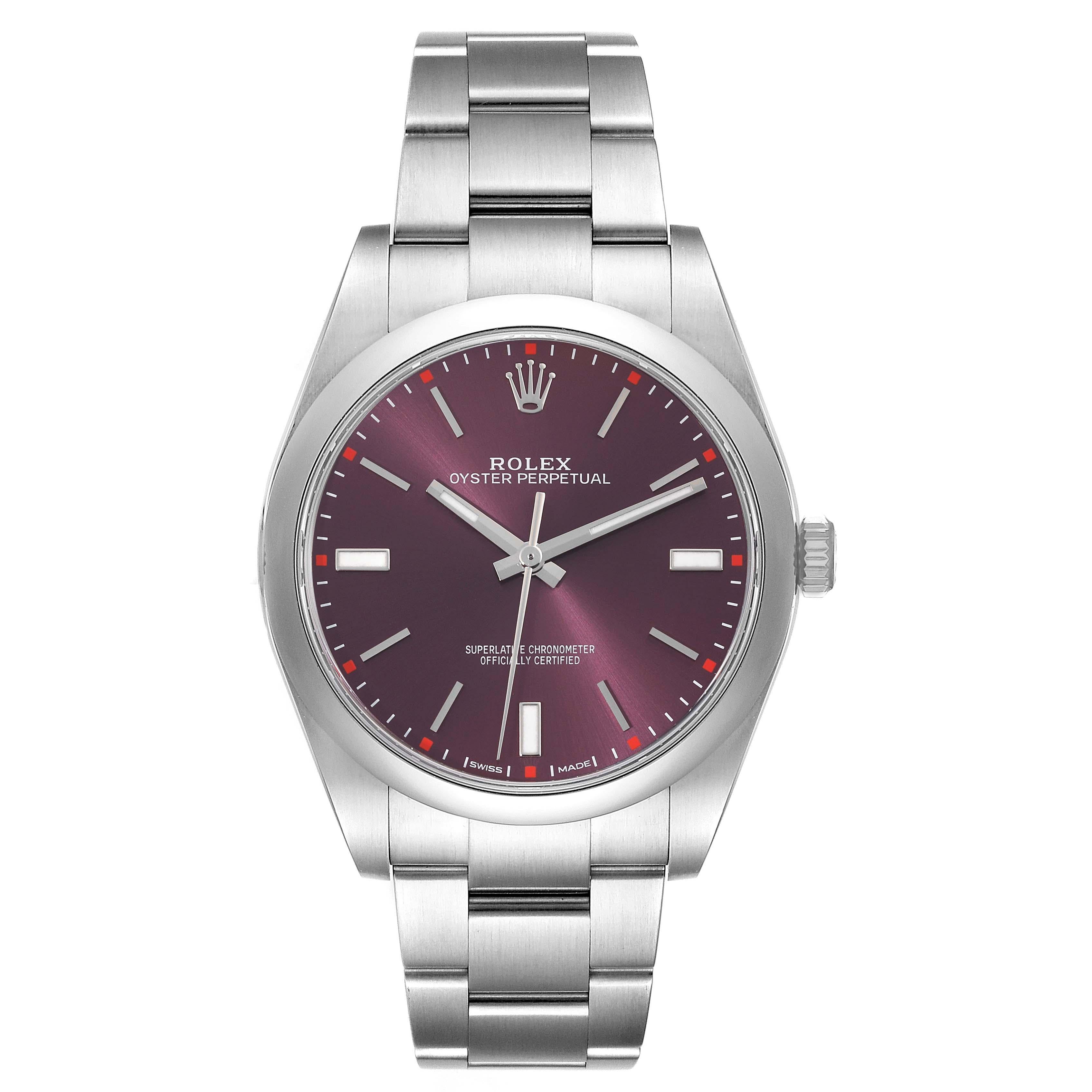Rolex Oyster Perpetual Red Grape Dial Steel Mens Watch 114300 Box Card. Officially certified chronometer self-winding movement. Stainless steel case 39.0 mm in diameter. Rolex logo on a crown. Stainless steel smooth domed bezel. Scratch resistant