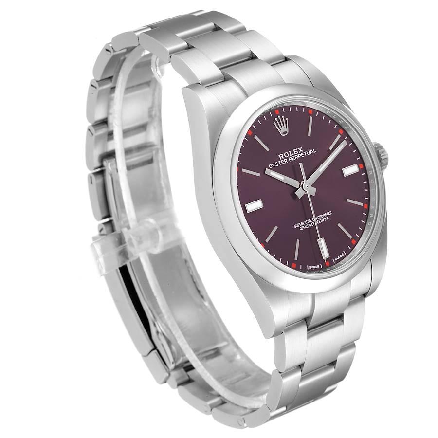 Rolex Oyster Perpetual Red Grape Dial Steel Mens Watch 114300 Box Card In Excellent Condition In Atlanta, GA