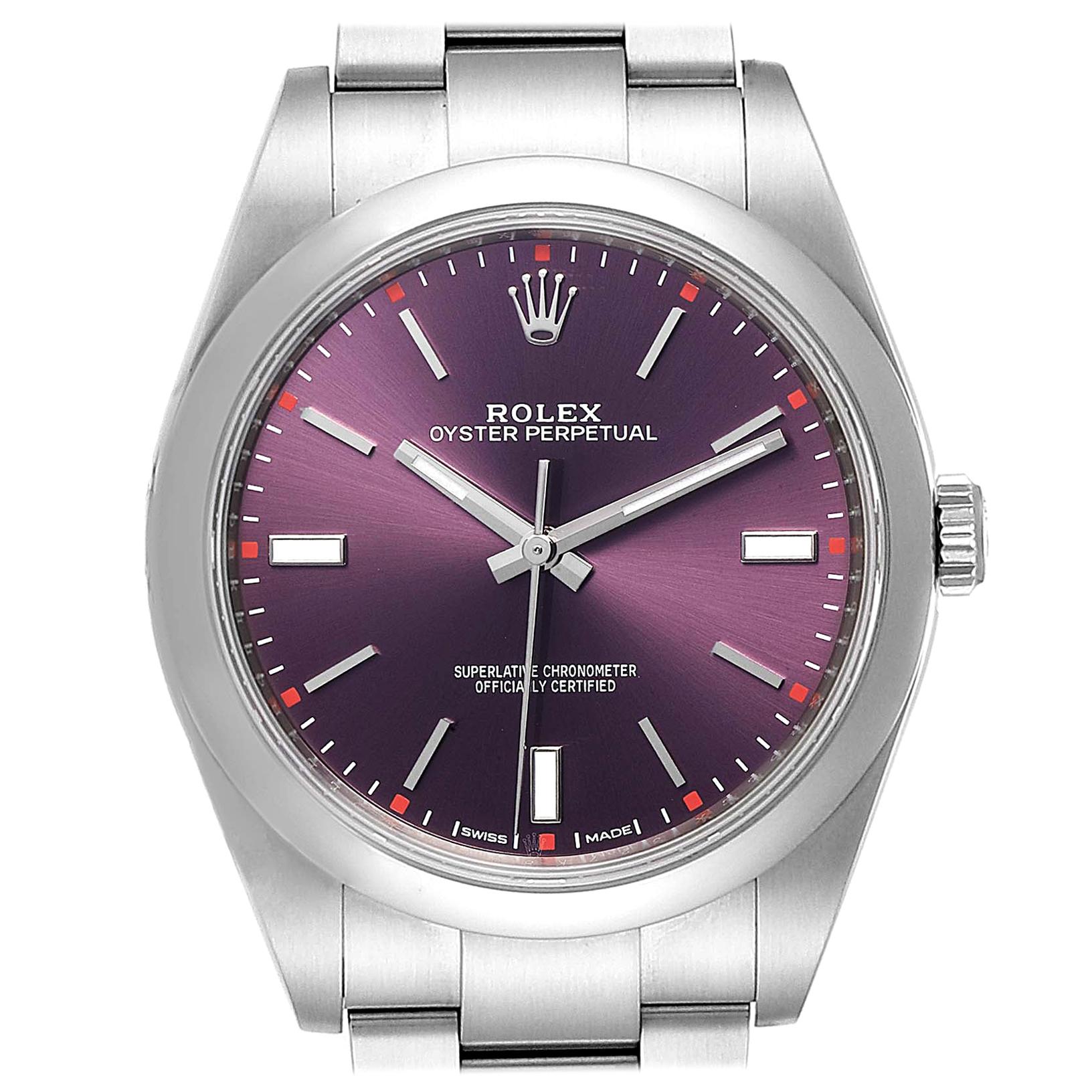 Rolex Oyster Perpetual Red Grape Dial Steel Men's Watch 114300 Box Card For Sale