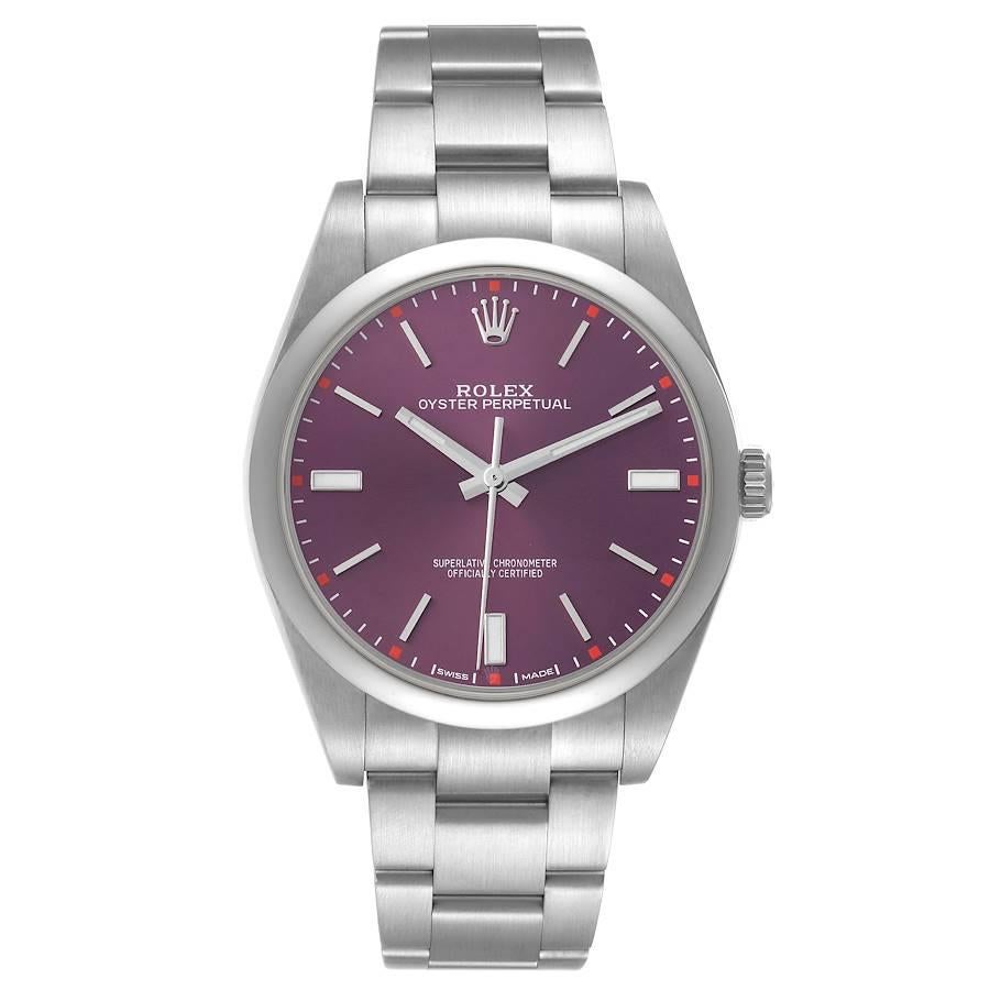 Rolex Oyster Perpetual Red Grape Dial Steel Mens Watch 114300. Officially certified chronometer self-winding movement. Stainless steel case 39.0 mm in diameter. Rolex logo on a crown. Stainless steel smooth domed bezel. Scratch resistant sapphire