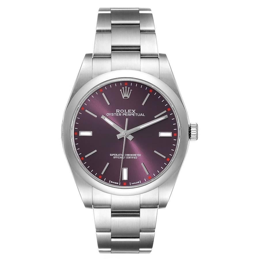 Rolex Oyster Perpetual Red Grape Dial Steel Mens Watch 114300. Officially certified chronometer self-winding movement. Stainless steel case 39.0 mm in diameter. Rolex logo on a crown. Stainless steel smooth domed bezel. Scratch resistant sapphire