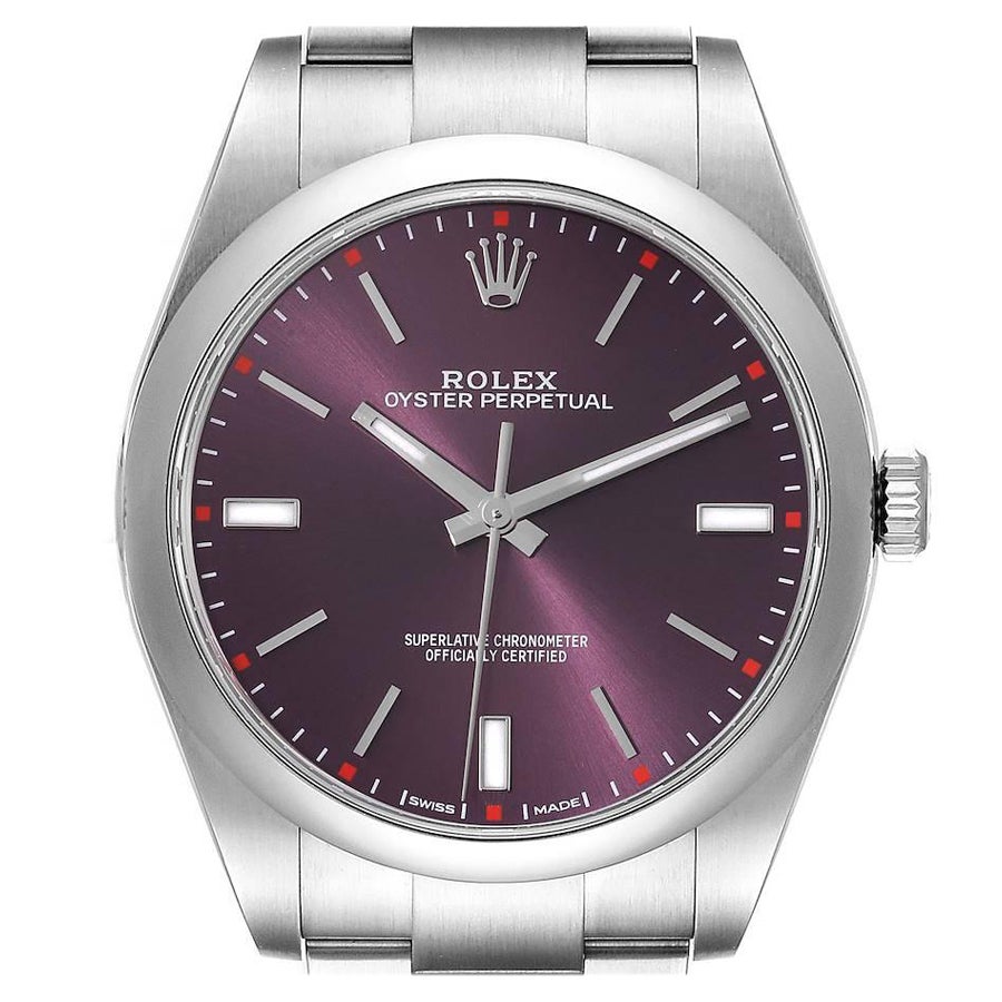 Reloj Rolex Oyster Perpetual de acero con esfera de uva roja para caballero 114300