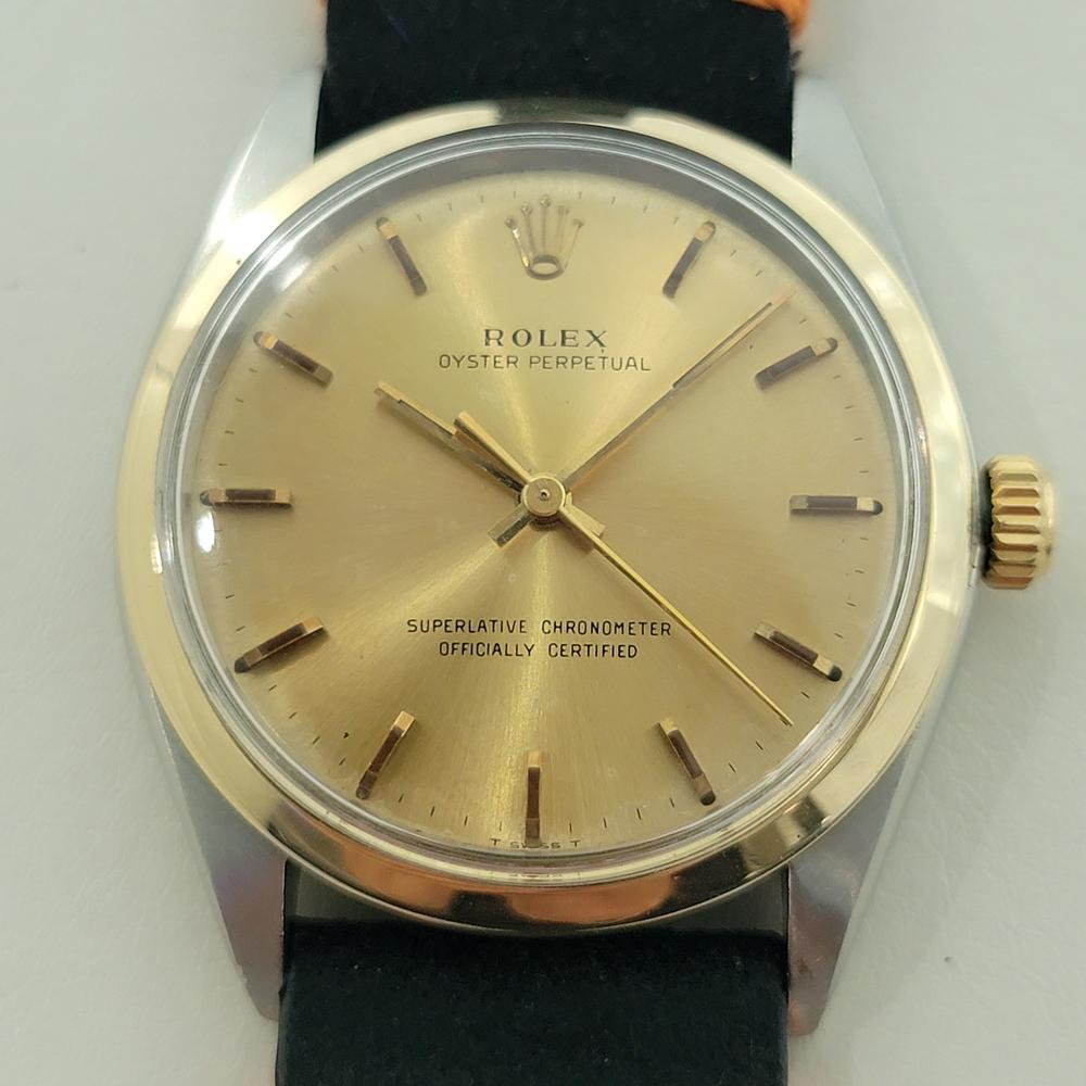 Timeless luxury classic, Men's Rolex Ref.1002 Oyster perpetual automatic 14k solid gold bezel, c.1966, all original, in excellent working condition. Verified authentic by a master watchmaker. Gorgeous Rolex signed gold dial, applied baton index hour