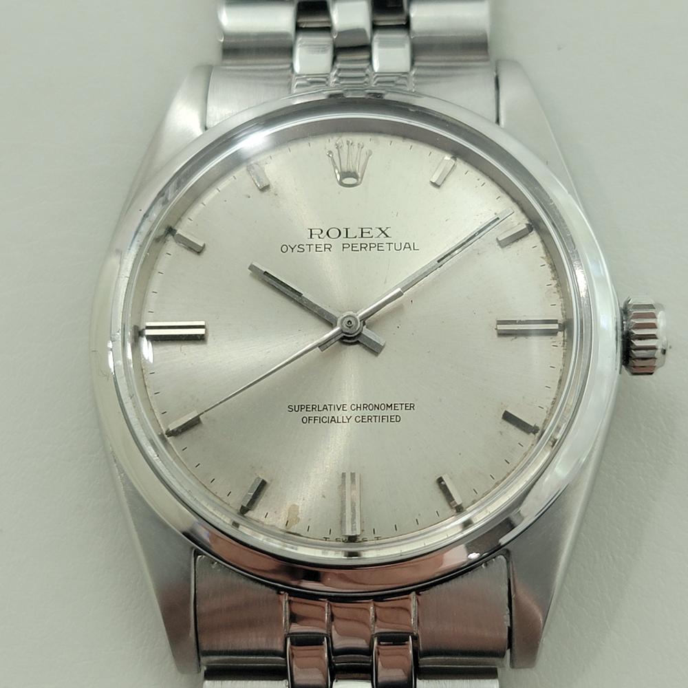 Icône classique, Rolex Oyster Perpetual ref.1018 automatique en acier inoxydable pour homme, c.1966, d'origine, en excellent état de marche. Vérifié authentique par un maître horloger. Cadran argenté signé Rolex, index bâtons appliqués, aiguilles