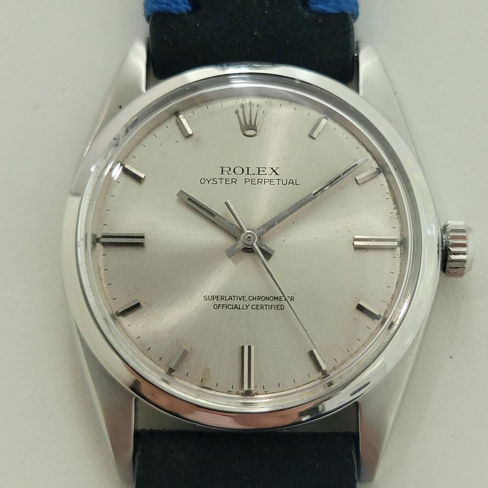 Classic icon, Men's all-stainless steel Rolex Oyster Perpetual ref.1018 automatic, c.1966, all original, in excellent working condition. Verified authentic by a master watchmaker. Unrefurbished Rolex signed silver dial, applied baton index hour