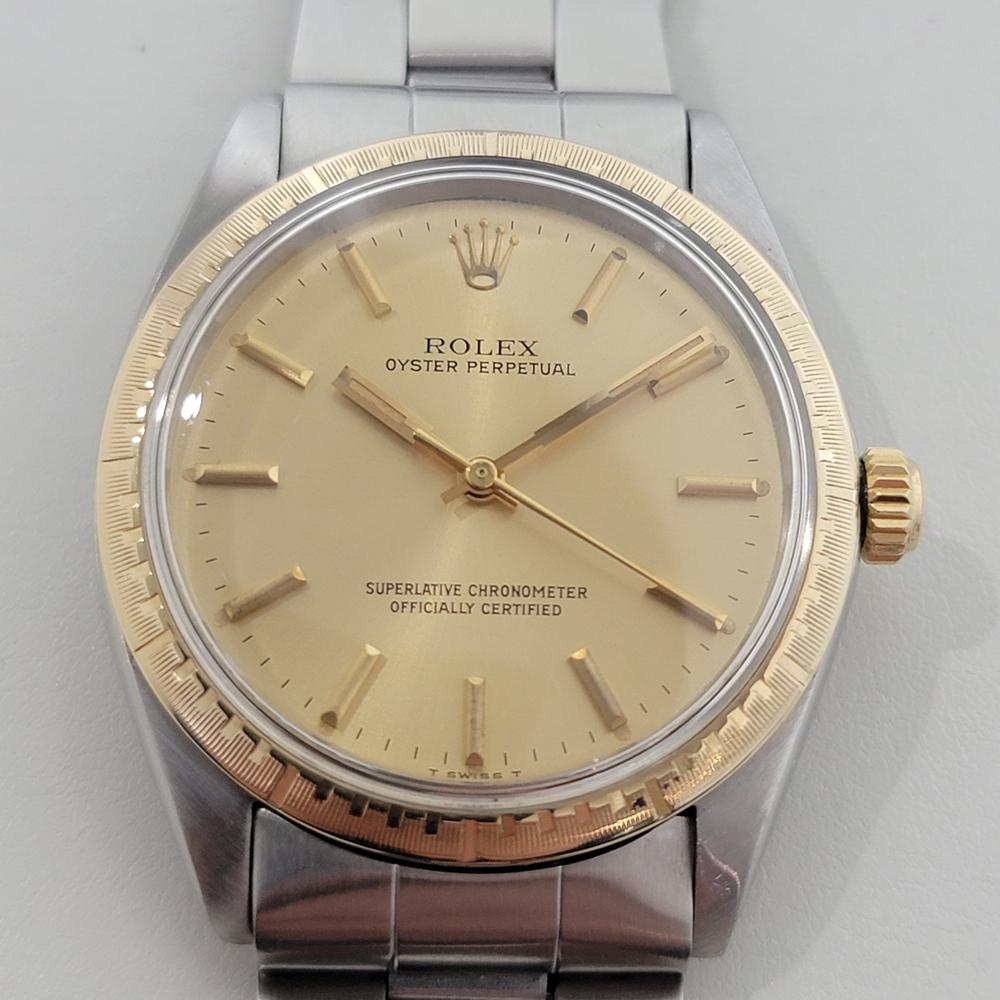 Zeitloser Klassiker, Rolex Oyster Perpetual 1038 Automatik Herrenuhr aus 14k Gold und Edelstahl, ca. 1968, komplett original, in ausgezeichnetem Zustand. Von einem Uhrmachermeister für echt befunden. Wunderschönes, signiertes Rolex-Zifferblatt,