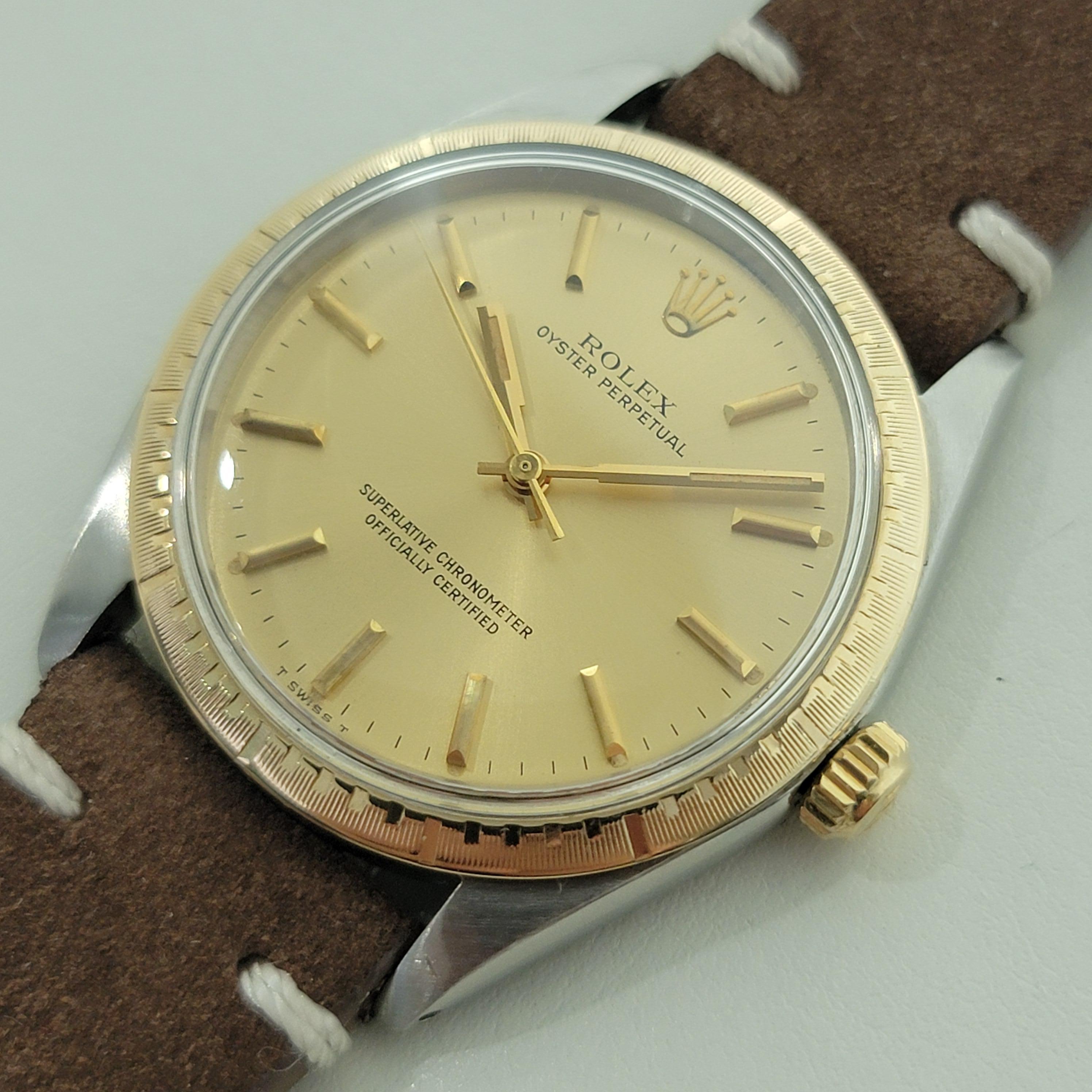 Classique intemporel, Rolex Oyster Perpetual 1038 automatique en or 14k et acier inoxydable pour homme, A.C.C., en excellent état de marche. Vérifié authentique par un maître horloger. Magnifique cadran signé Rolex, index bâtons appliqués, aiguilles