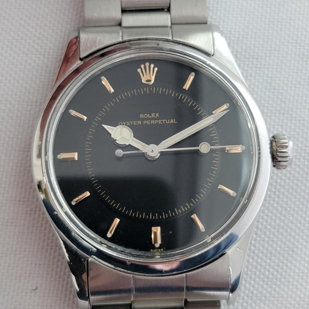 Clásico vintage, Rolex de caballero ref.6532 Oyster Perpetual todo de acero inoxidable, c.1957, en excelente estado de funcionamiento. Verificado auténtico por un maestro relojero. Preciosa esfera negra firmada por Rolex, índices aplicados,