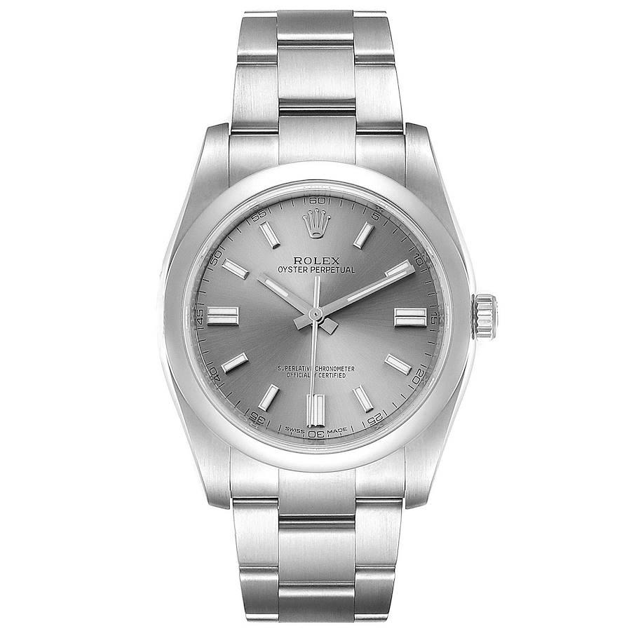 Rolex Oyster Perpetual Rhodium Dial Steel Mens Watch 116000 Box Card. Officially certified chronometer self-winding movement. Stainless steel case 36.0 mm in diameter. Rolex logo on a crown. Stainless steel smooth domed bezel. Scratch resistant