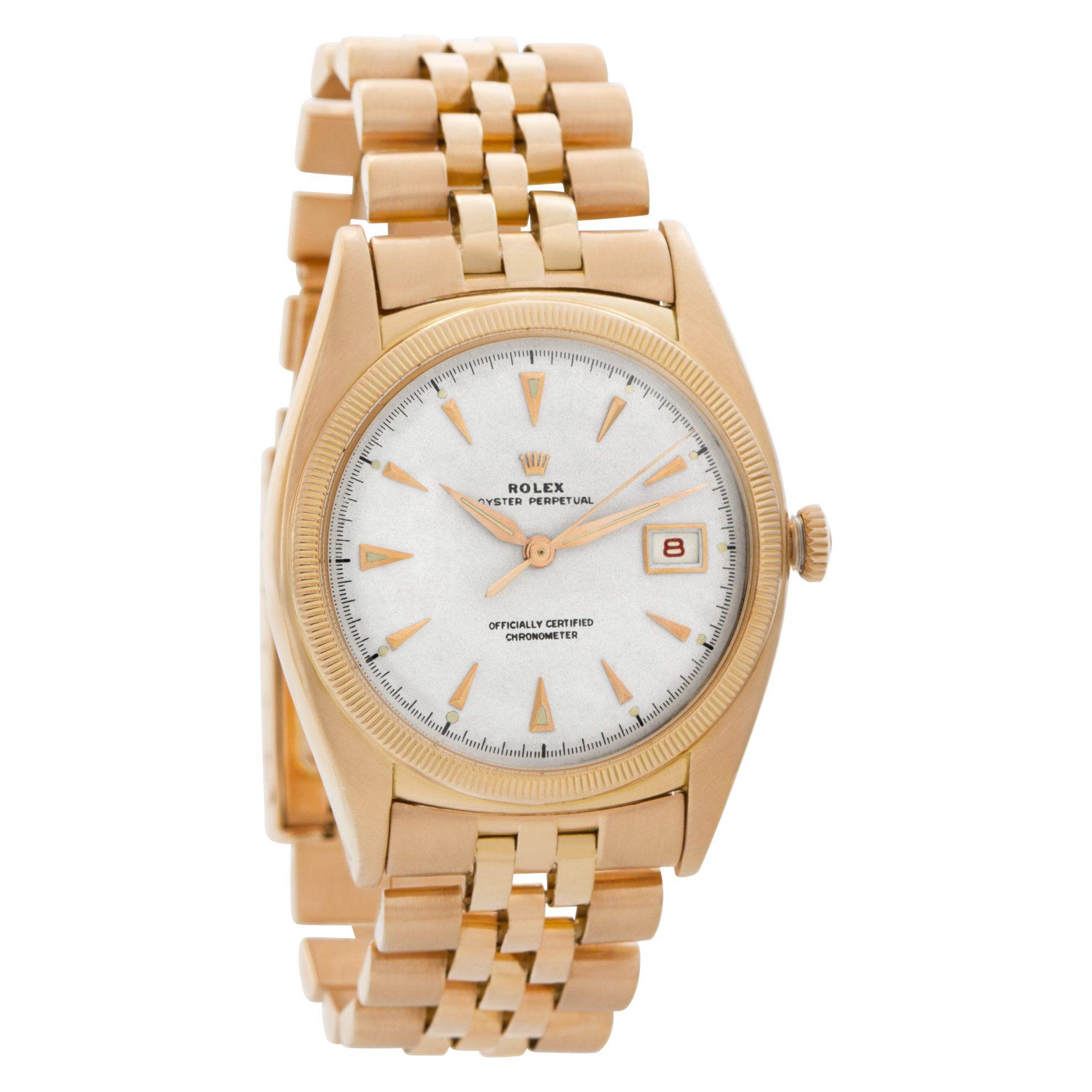Rolex Oyster Perpetual Rose Gold Automatic Wristwatch with Date Ref 6105 In Excellent Condition For Sale In Surfside, FL