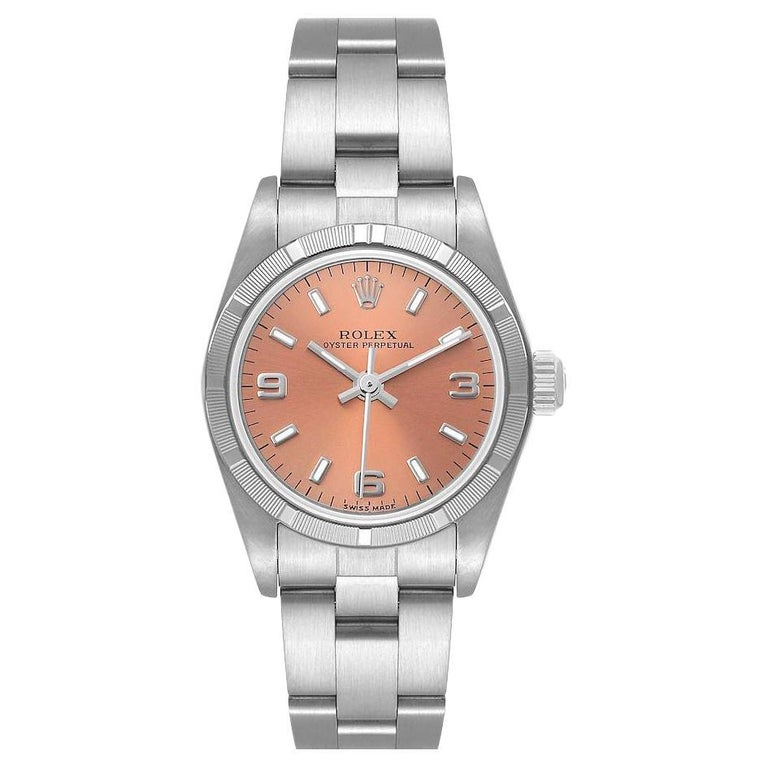 Rolex Oyster Perpetual Salmon Dial Engine Turned Bezel Steel Ladies