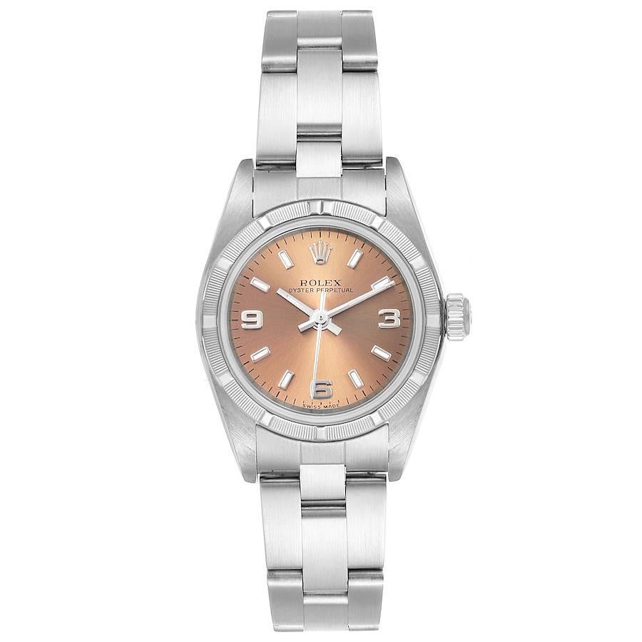 Rolex Oyster Perpetual Salmon Dial Steel Ladies Watch 76030. Officially certified chronometer self-winding movement. Stainless steel oyster case 24.0 mm in diameter. Rolex logo on a crown. Stainless steel engine turned bezel. Scratch resistant