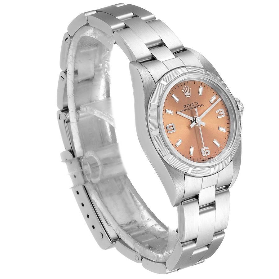 Rolex Oyster Perpetual Salmon Dial Steel Ladies Watch 76030 In Excellent Condition For Sale In Atlanta, GA