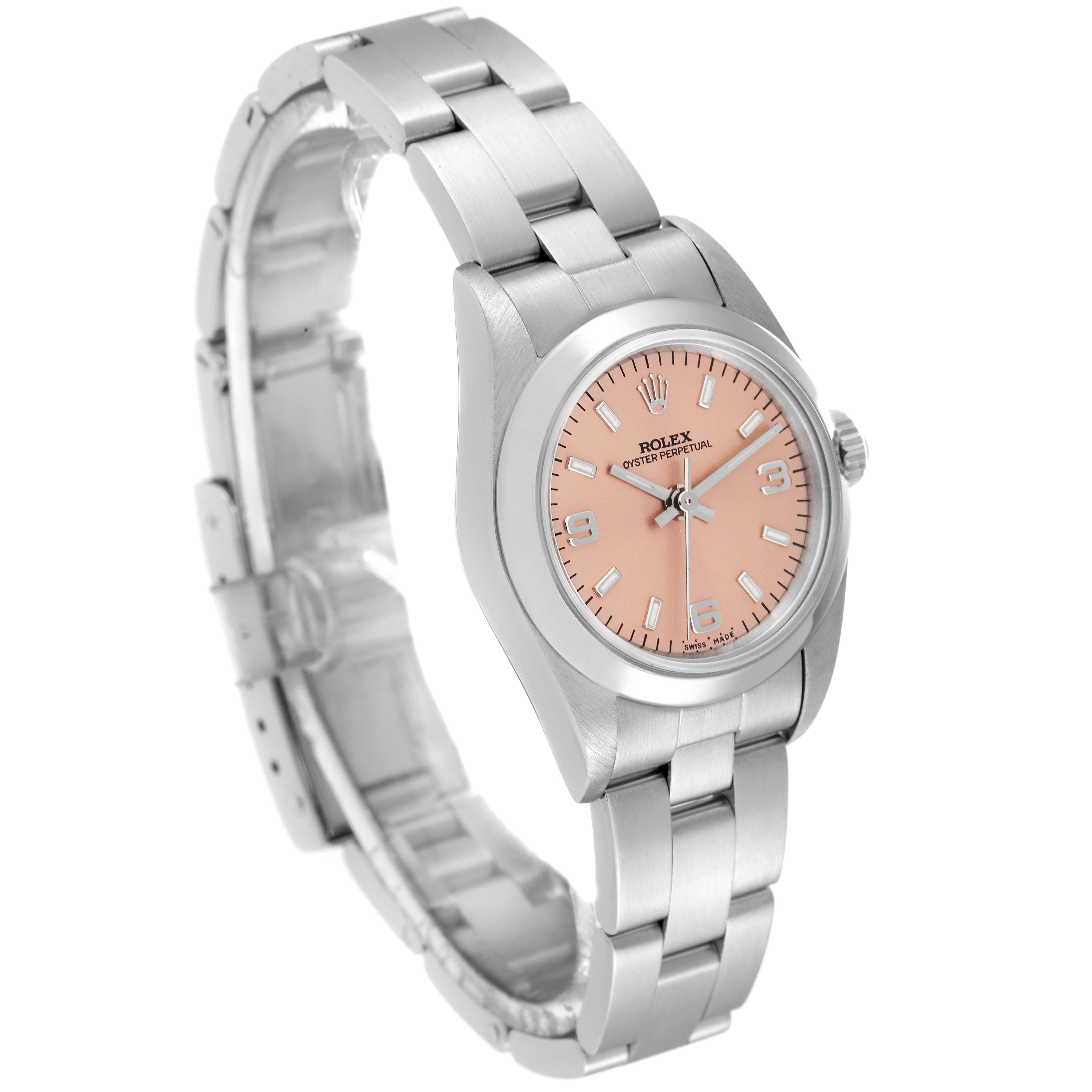 Rolex Oyster Perpetual Salmon Dial Steel Ladies Watch 76080 Box Papers In Excellent Condition In Atlanta, GA
