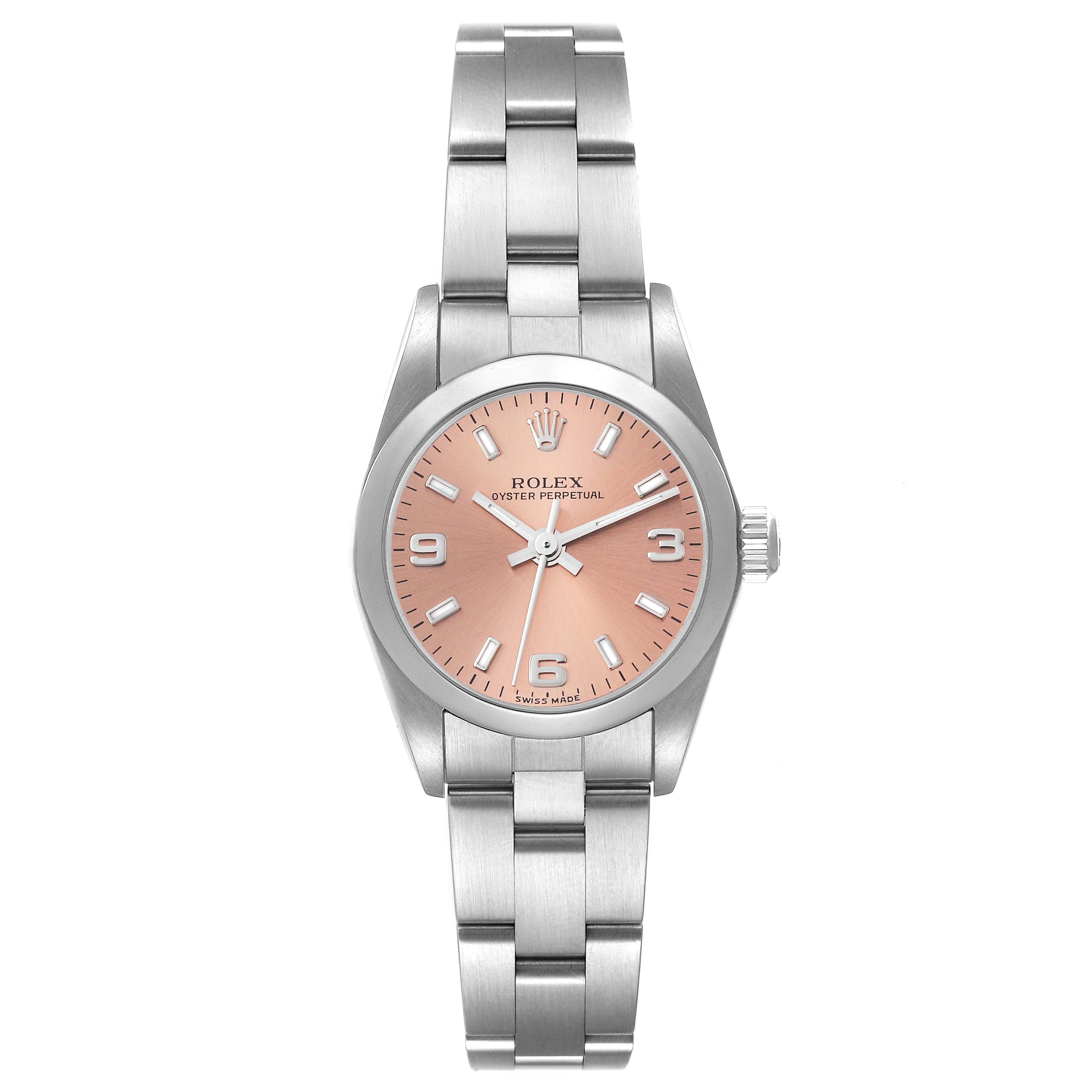 Rolex Oyster Perpetual Salmon Dial Steel Ladies Watch 76080. Officially certified chronometer automatic self-winding movement. Stainless steel oyster case 24.0 mm in diameter. Rolex logo on the crown. Stainless steel smooth bezel. Scratch resistant