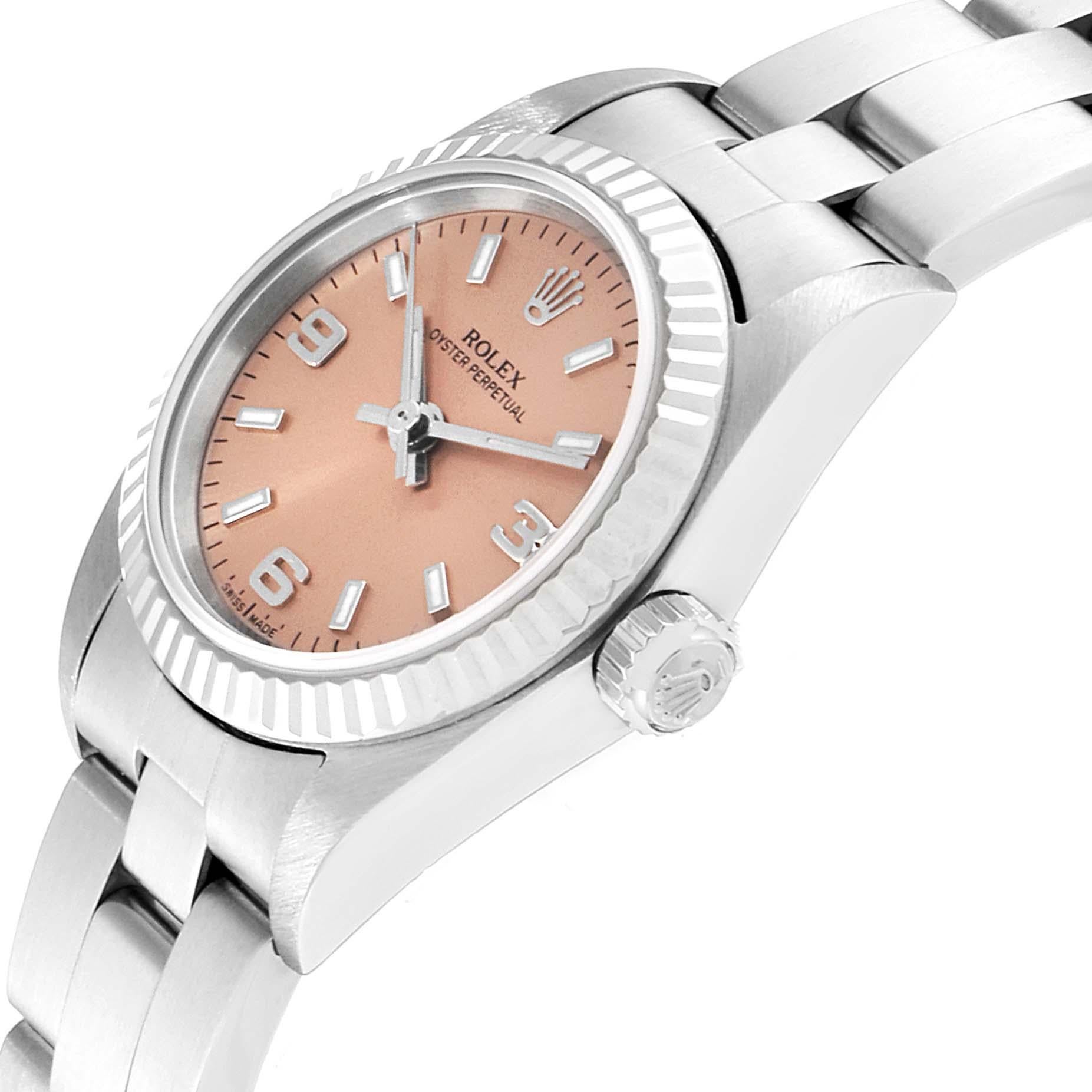 Women's Rolex Oyster Perpetual Salmon Dial Steel White Gold Ladies Watch 76094 For Sale