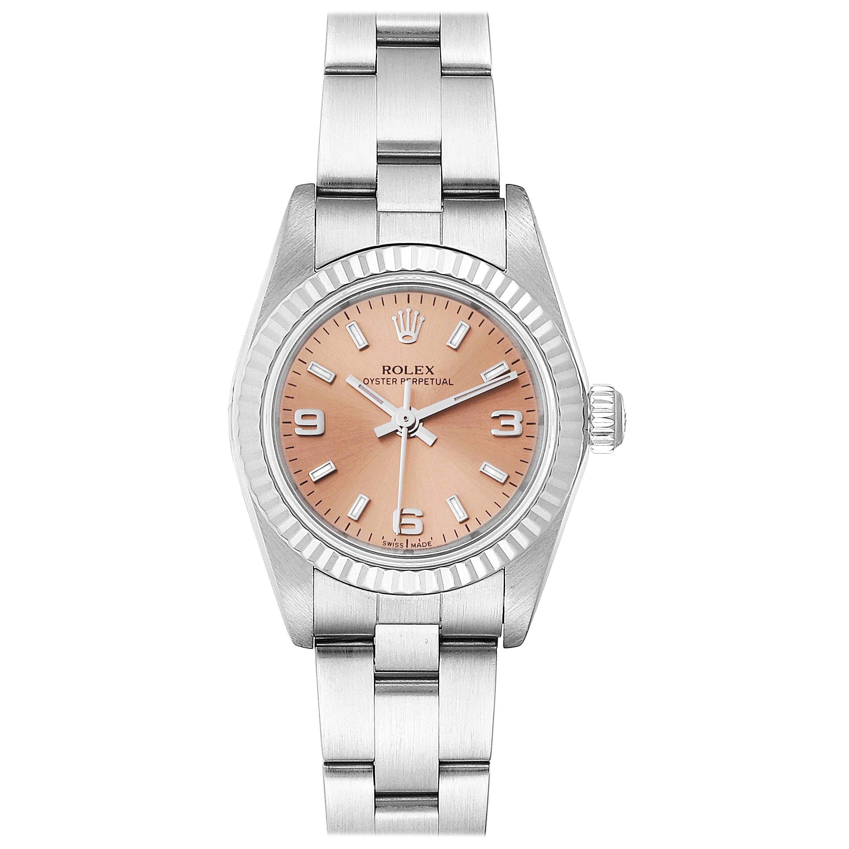 Rolex Oyster Perpetual Salmon Dial Steel White Gold Ladies Watch 76094 For Sale