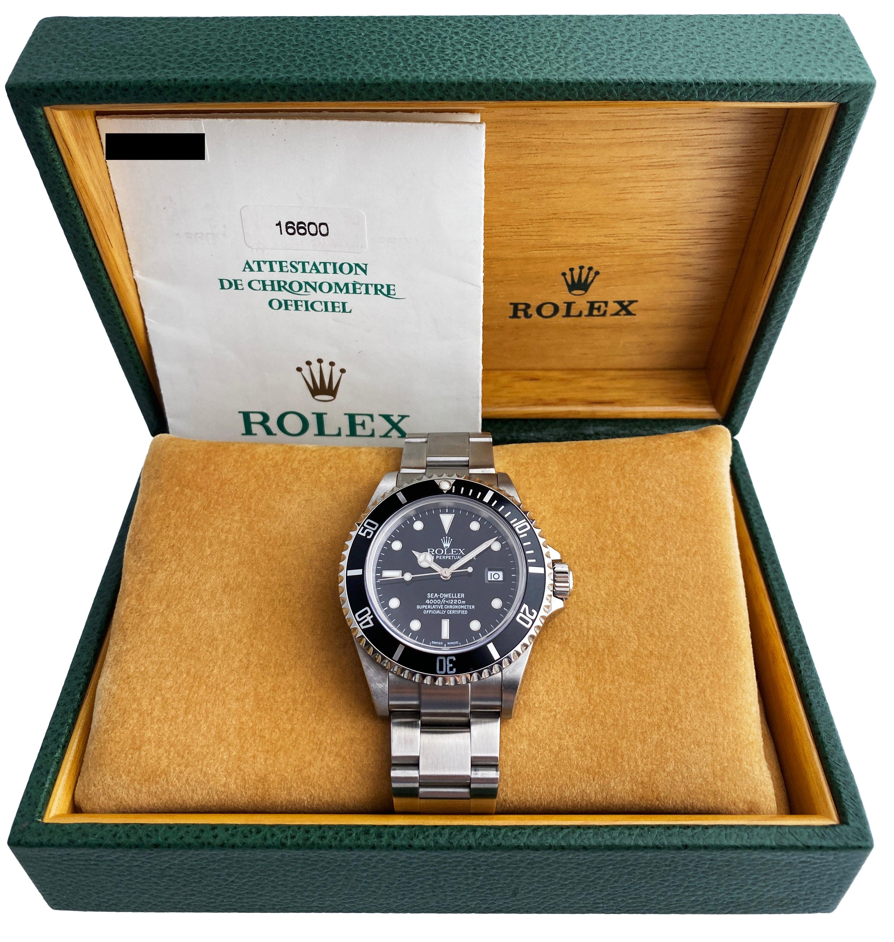 Rolex Oyster Perpetual Date Sea-Dweller 16600 Mens Watch. 40mm stainless steel case. Unidirectional rotating stainless steel bezel with black insert. Black dial with luminous Mercedes steel hands and index hour marker. Date display by the 3 o'clock