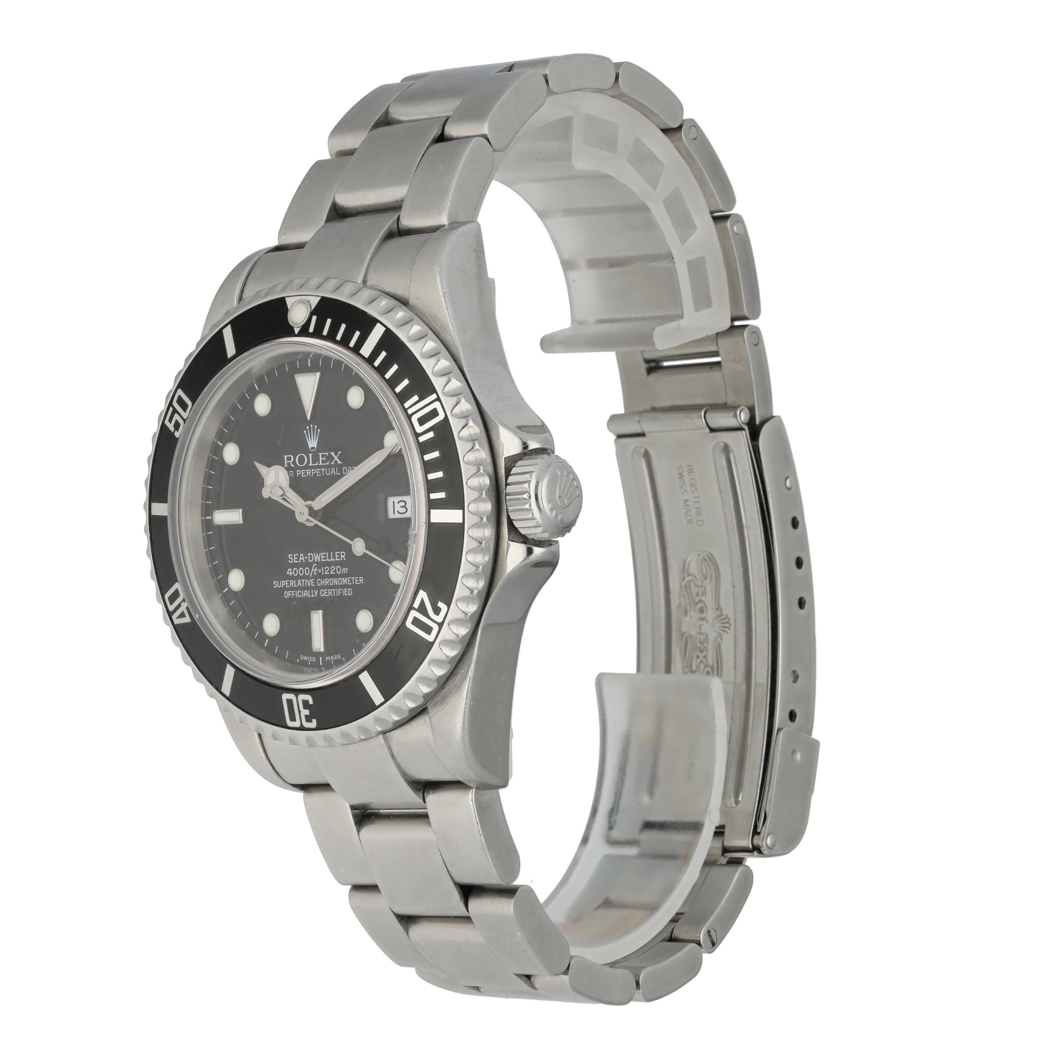 Men's Rolex Oyster Perpetual Date Sea-Dweller watch. Stainless steel 40mm case. Unidirectional rotating stainless steel bezel with black bezel insert.
Black dial with luminous hands. 
Date display by the 3 o'clock position. 
Stainless steel bracelet