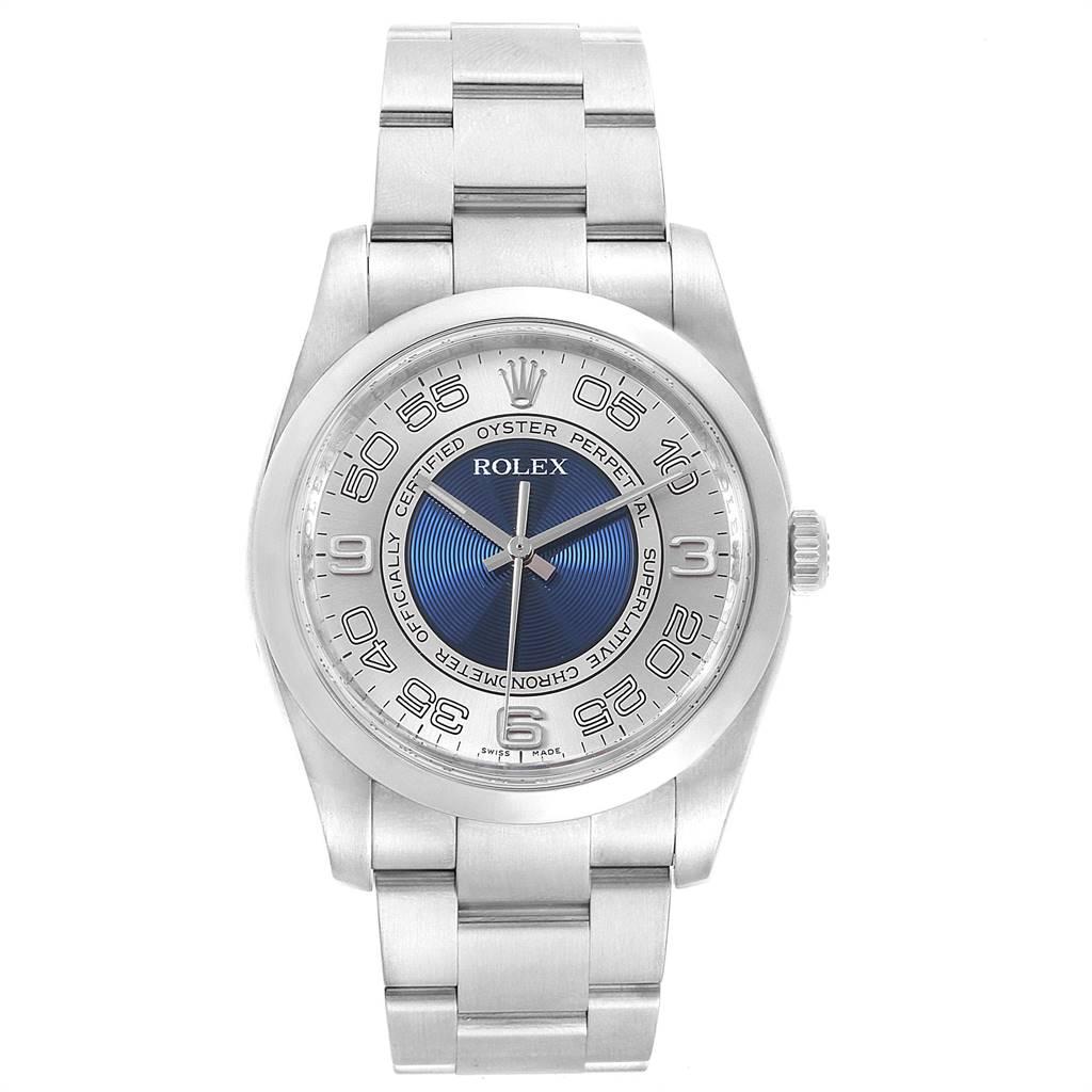 Rolex Oyster Perpetual Silver Blue Concentric Dial Unisex Watch 116000. Officially certified chronometer self-winding movement. Stainless steel case 36.0 mm in diameter. Rolex logo on a crown. Stainless steel smooth domed bezel. Scratch resistant