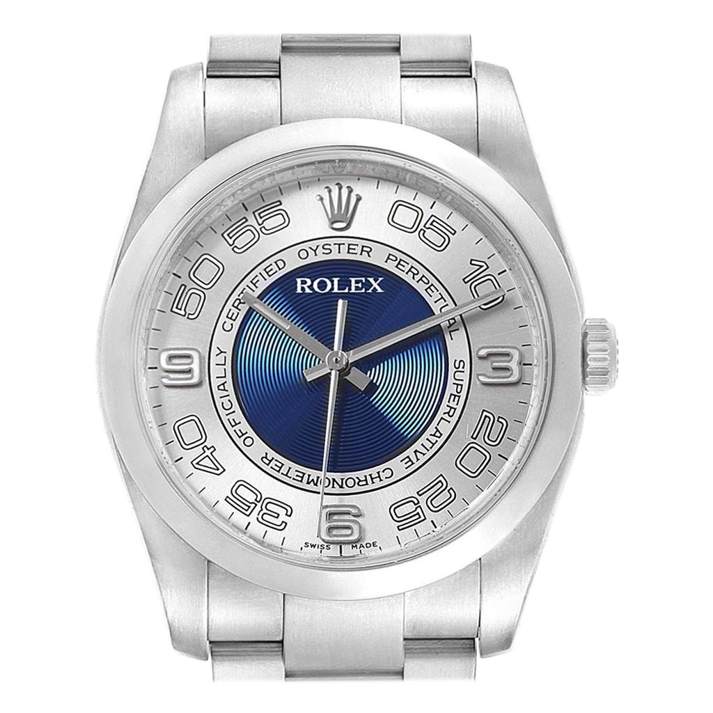 Rolex Oyster Perpetual Silver Blue Concentric Dial Unisex Watch 116000