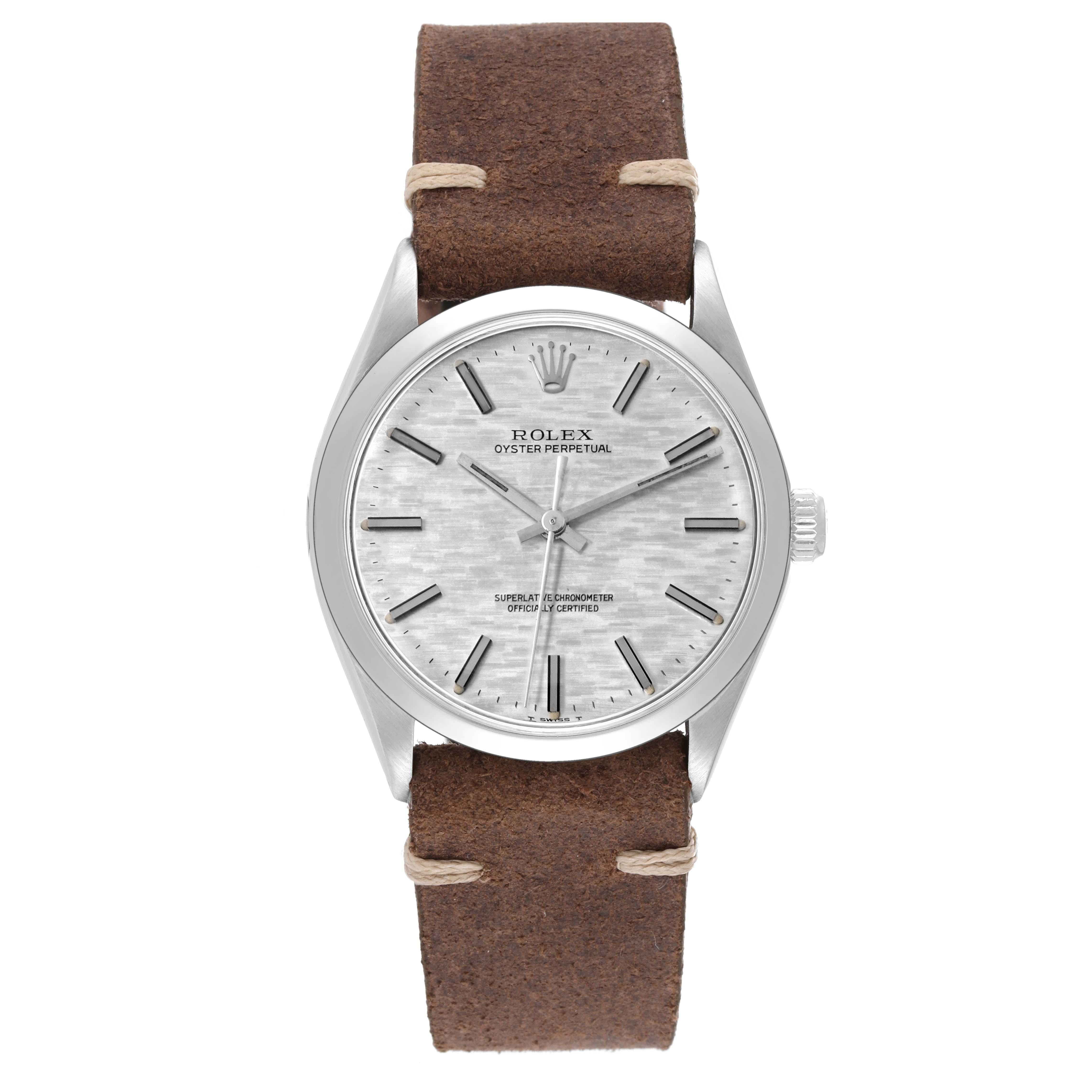 Rolex Oyster Perpetual Silver Brick Dial Vintage Steel Mens Watch 1002. Officially certified chronometer automatic self-winding movement. Stainless steel oyster case 34.0 mm in diameter.  Rolex logo on the crown. Stainless steel smooth bezel. Domed