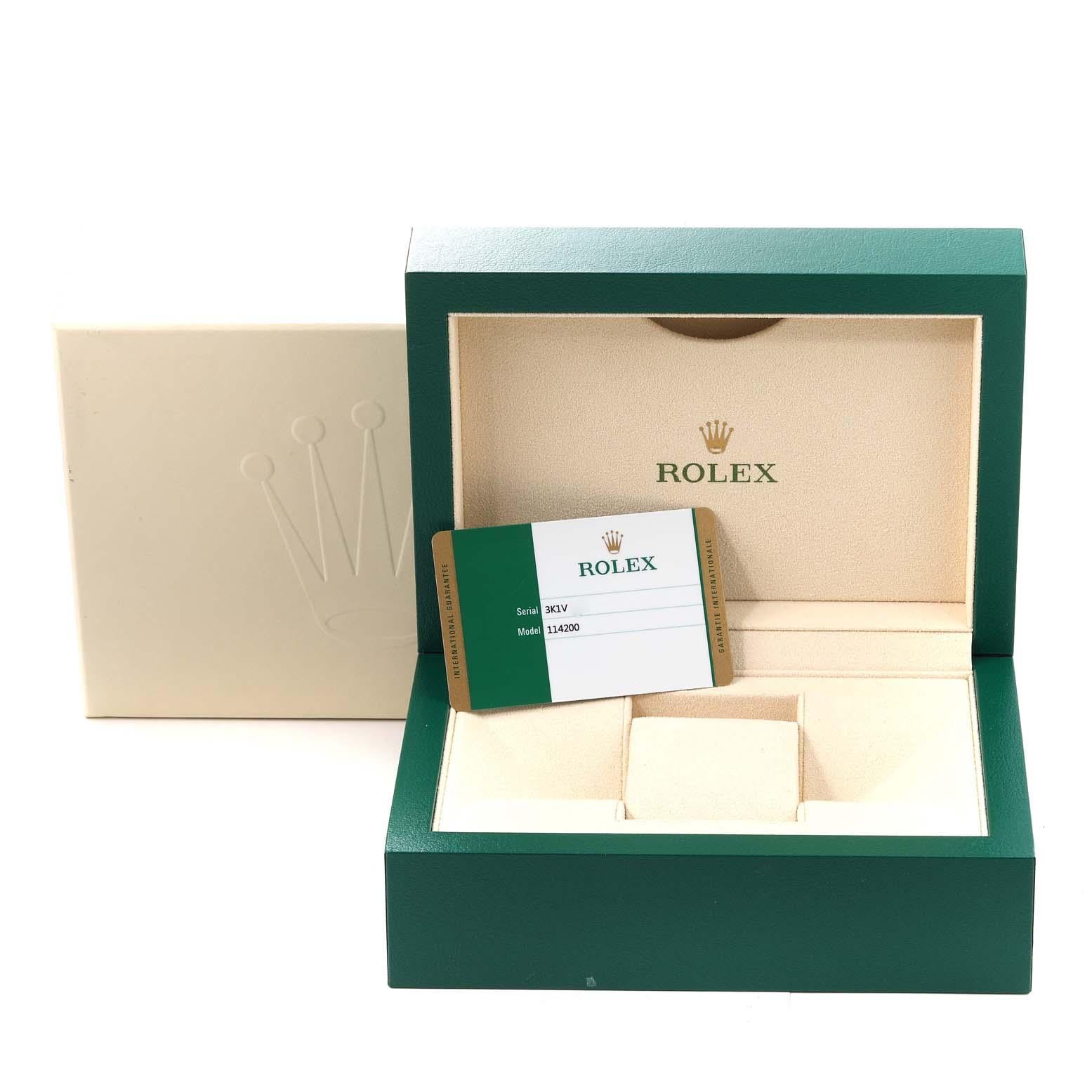 Rolex Oyster Perpetual Silver Dial Smooth Bezel Mens Watch 114200 Box Card For Sale 8
