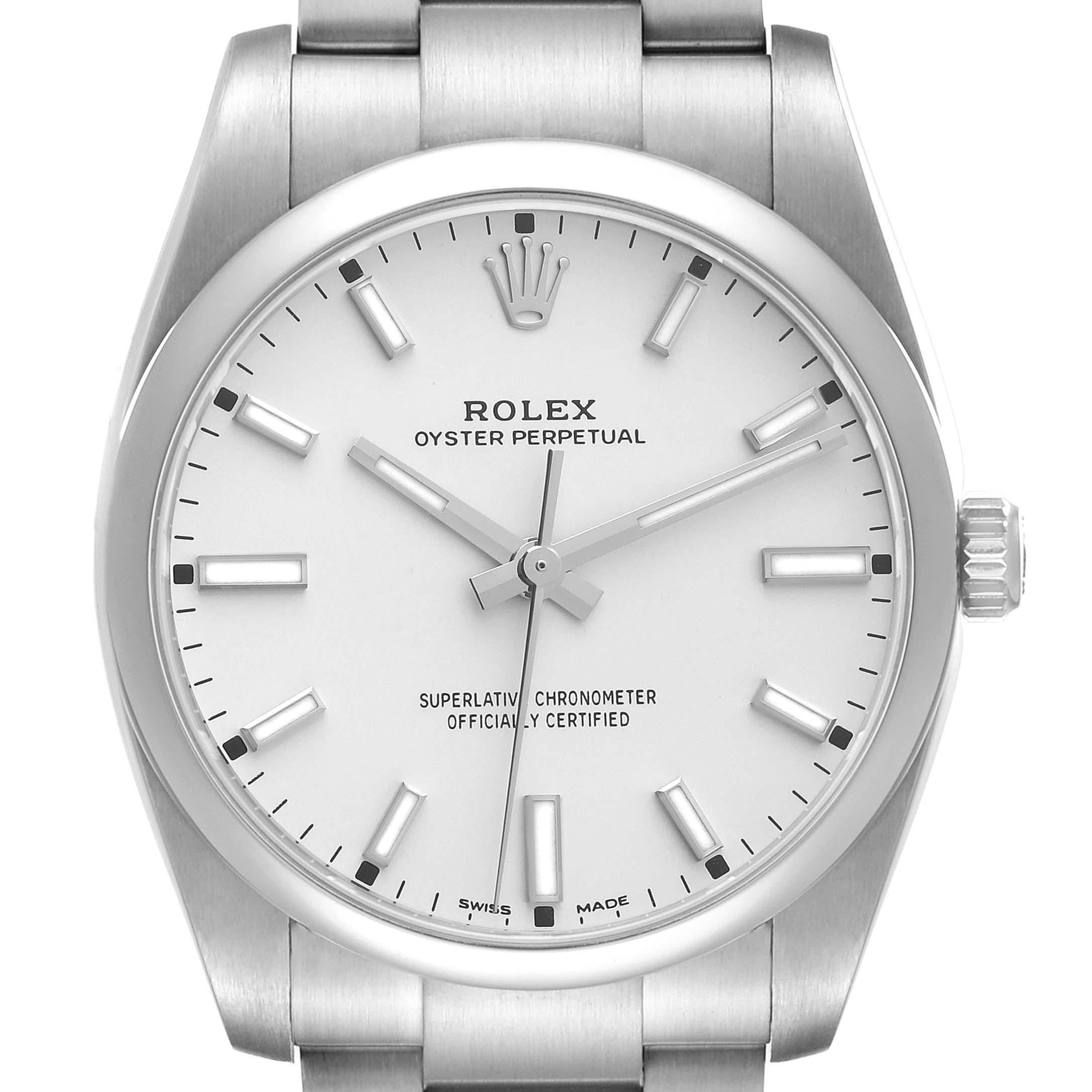 Rolex Oyster Perpetual Silver Dial Smooth Bezel Mens Watch 114200 Box Card For Sale