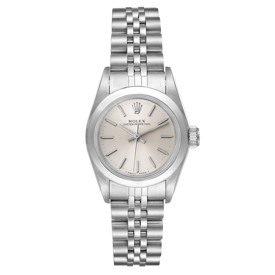 Rolex Oyster Perpetual Silver Dial Steel Ladies Watch 67180. Officially certified chronometer self-winding movement. Stainless steel oyster case 24.0 mm in diameter. Rolex logo on a crown. Stainless steel smooth domed bezel. Scratch resistant
