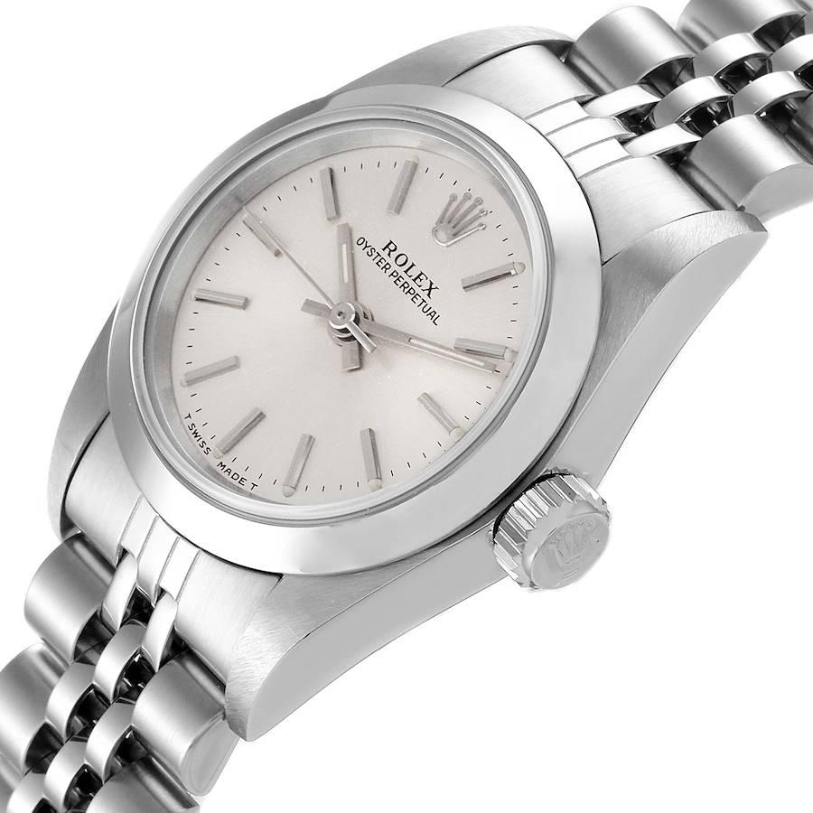 Rolex Oyster Perpetual Silver Dial Steel Ladies Watch 67180 In Excellent Condition For Sale In Atlanta, GA