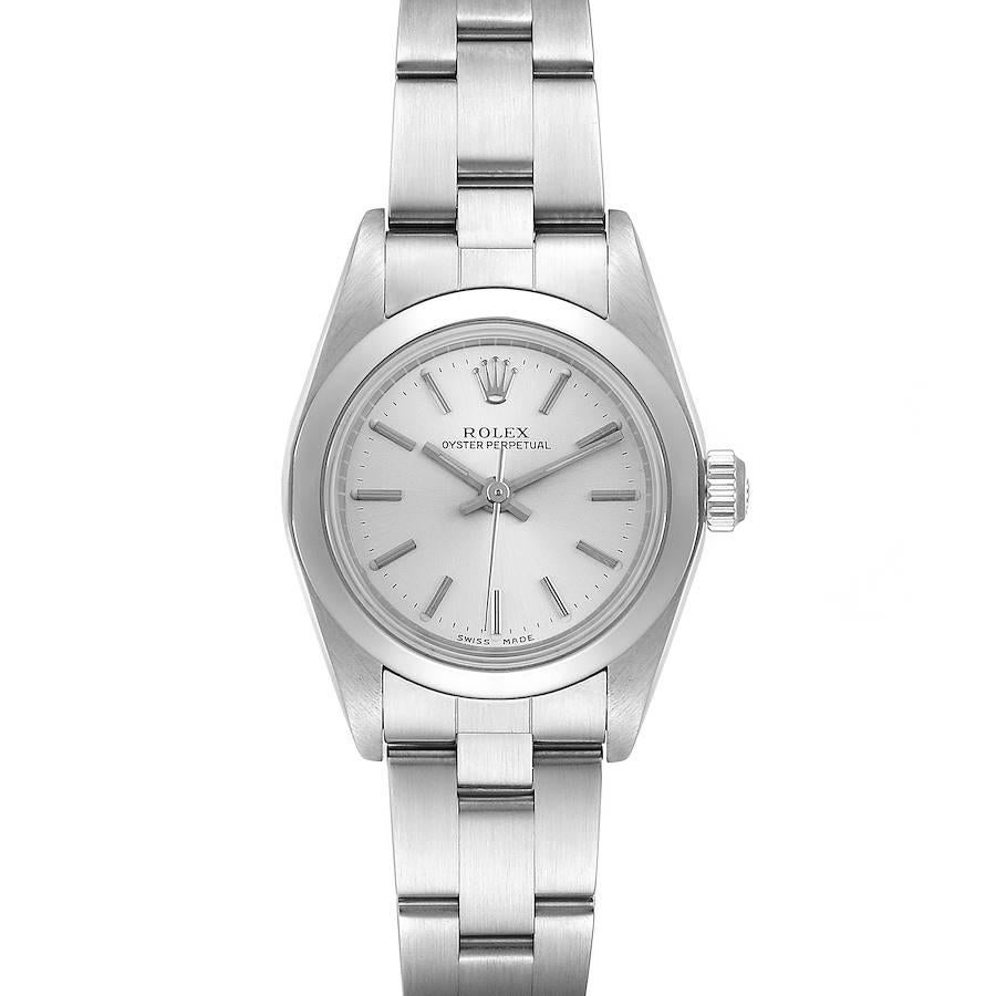 Rolex Oyster Perpetual Silver Dial Steel Ladies Watch 76080. Officially certified chronometer self-winding movement. Stainless steel oyster case 24.0 mm in diameter. Rolex logo on a crown. Stainless steel smooth domed bezel. Scratch resistant
