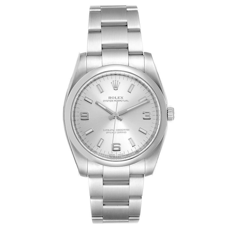 Rolex Oyster Perpetual Silver Dial Steel Mens Watch 114200 Unworn. Officially certified chronometer self-winding movement. Stainless steel case 34.0 mm in diameter. Rolex logo on a crown. Stainless steel smooth domed bezel. Scratch resistant