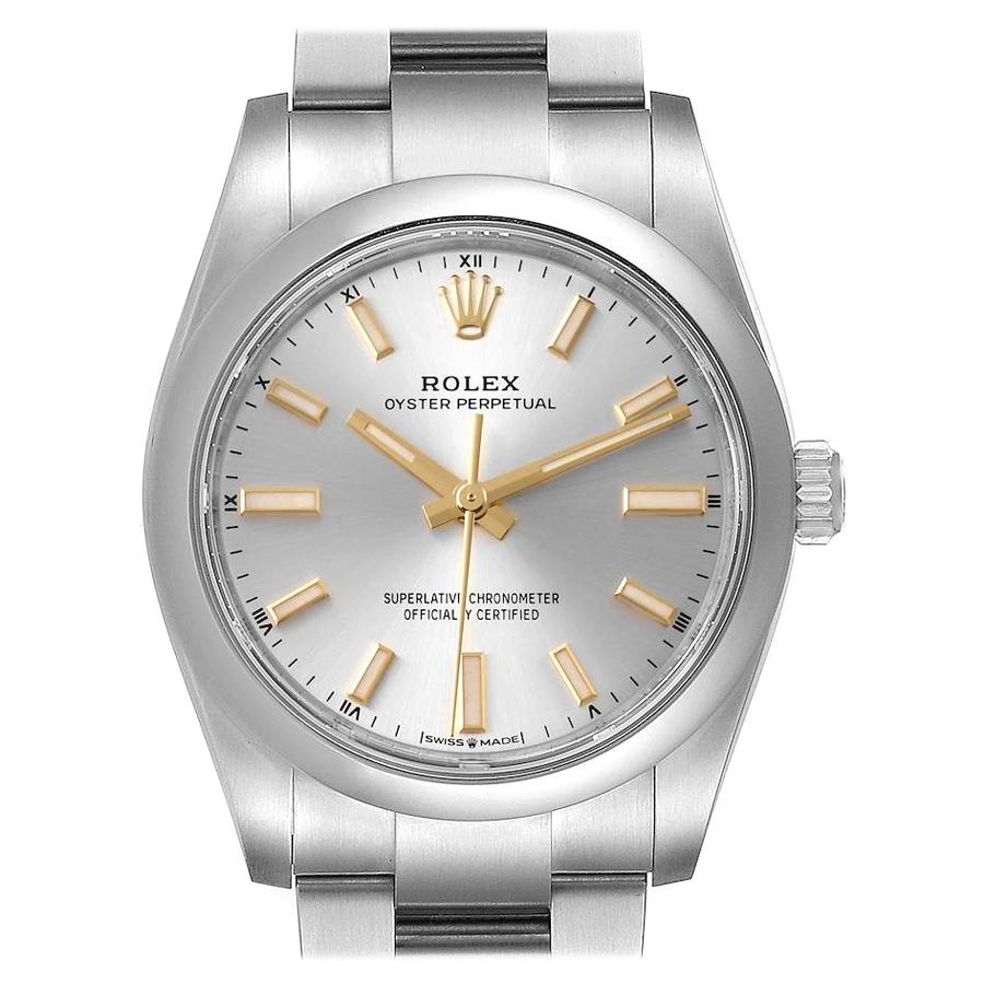Rolex Oyster Perpetual Silver Dial Steel Mens Watch 124200 Box Card