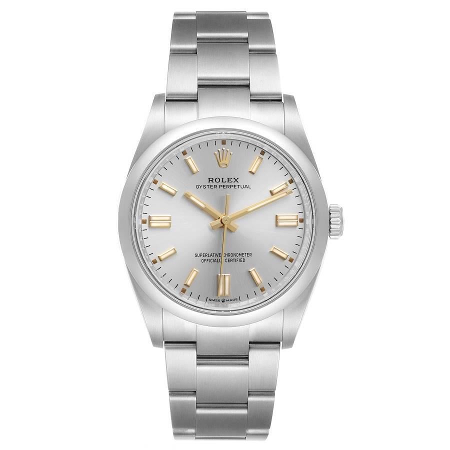 Rolex Oyster Perpetual Silver Dial Steel Mens Watch 126000 Unworn. Officially certified chronometer self-winding movement. Stainless steel case 36.0 mm in diameter. Rolex logo on a crown. Stainless steel smooth domed bezel. Scratch resistant