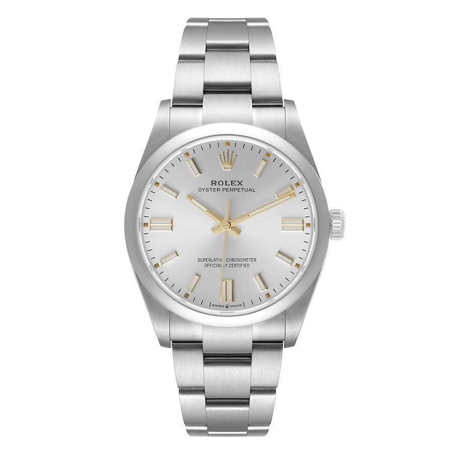Rolex Oyster Perpetual Silver Dial Steel Mens Watch 126000 Unworn. Officially certified chronometer self-winding movement. Stainless steel case 36.0 mm in diameter. Rolex logo on a crown. Stainless steel smooth domed bezel. Scratch resistant