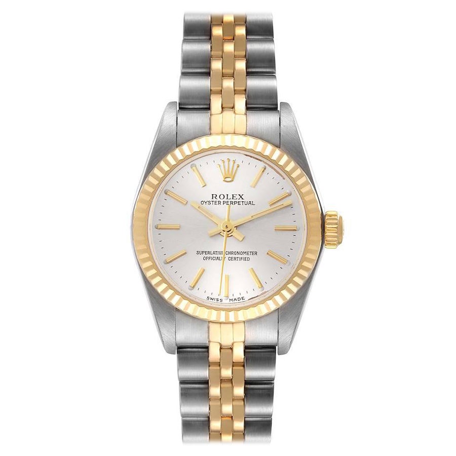 Rolex Oyster Perpetual Silber Zifferblatt Stahl-Gelbgold-Uhr 76193