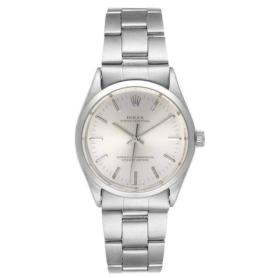 Rolex Oyster Perpetual Silver Dial Vintage Steel Mens Watch 1002. Officially certified chronometer self-winding movement. Stainless steel oyster case 34.0 mm in diameter. Rolex logo on a crown. Stainless steel smooth bezel. Acrylic crystal. Silver