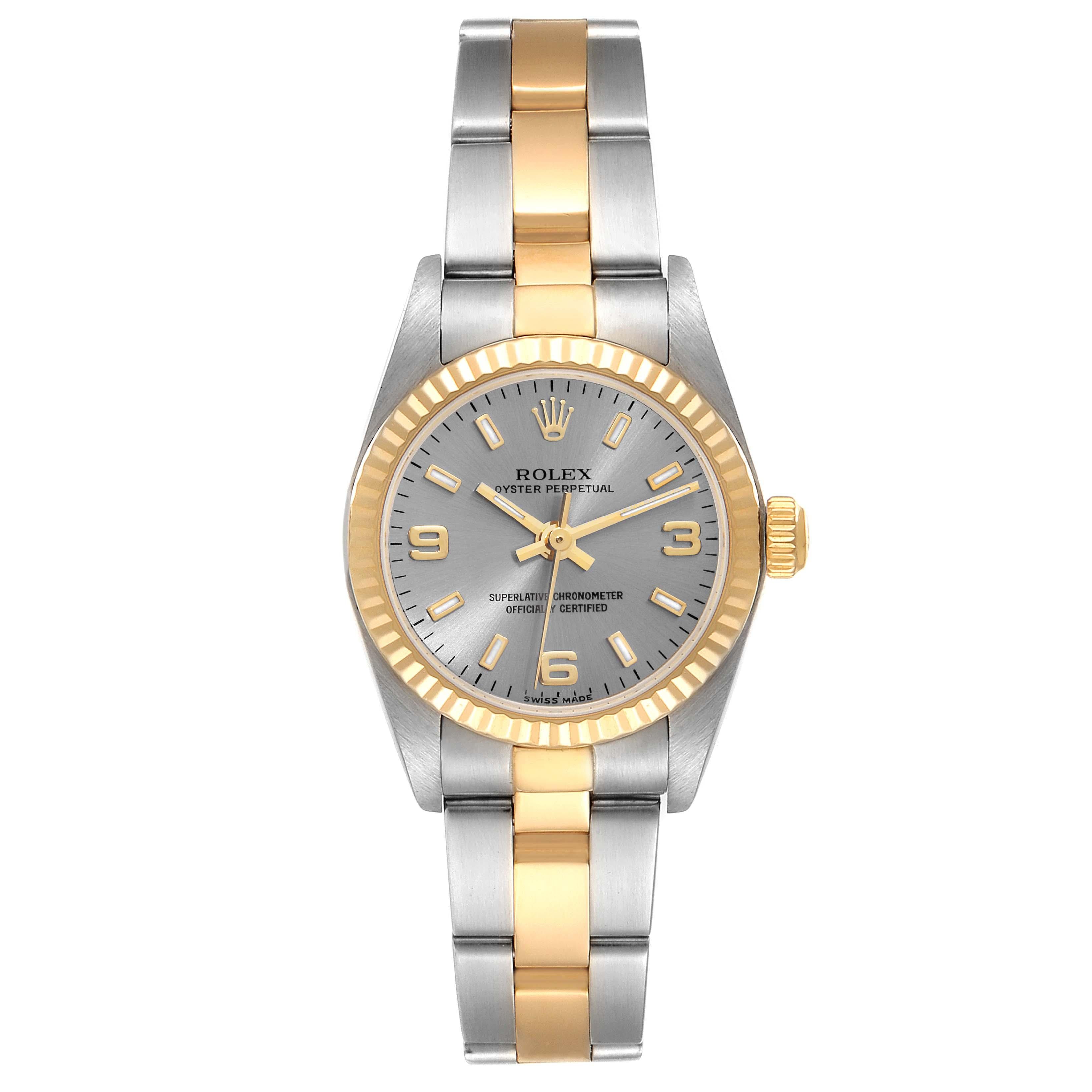 Rolex Oyster Perpetual Slate Dial Steel Yellow Gold Ladies Watch 76193 Box Paper In Excellent Condition In Atlanta, GA